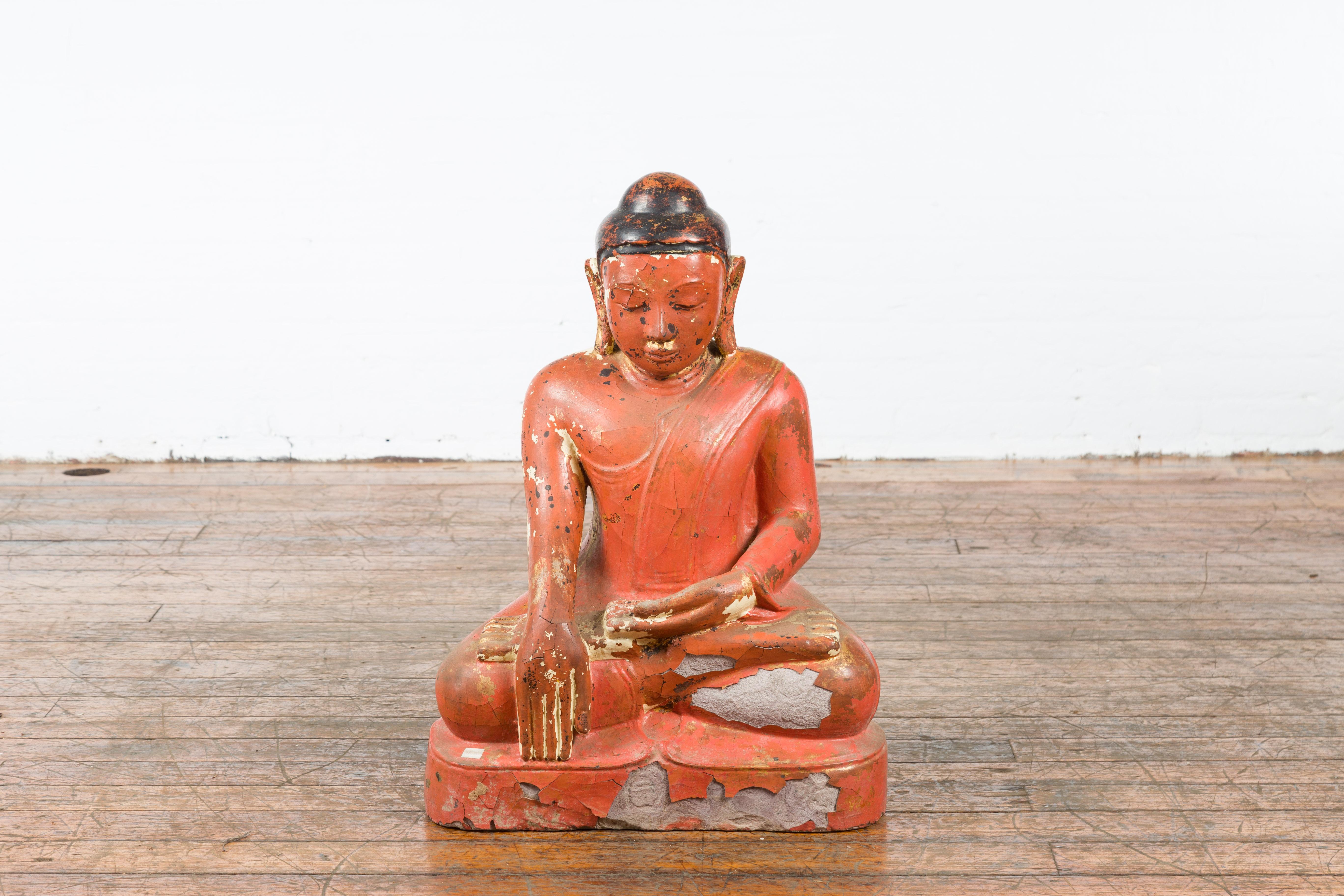 Lacquered Burmese Vintage Lacquer over Stone Seated Buddha Calling the Earth to Witness