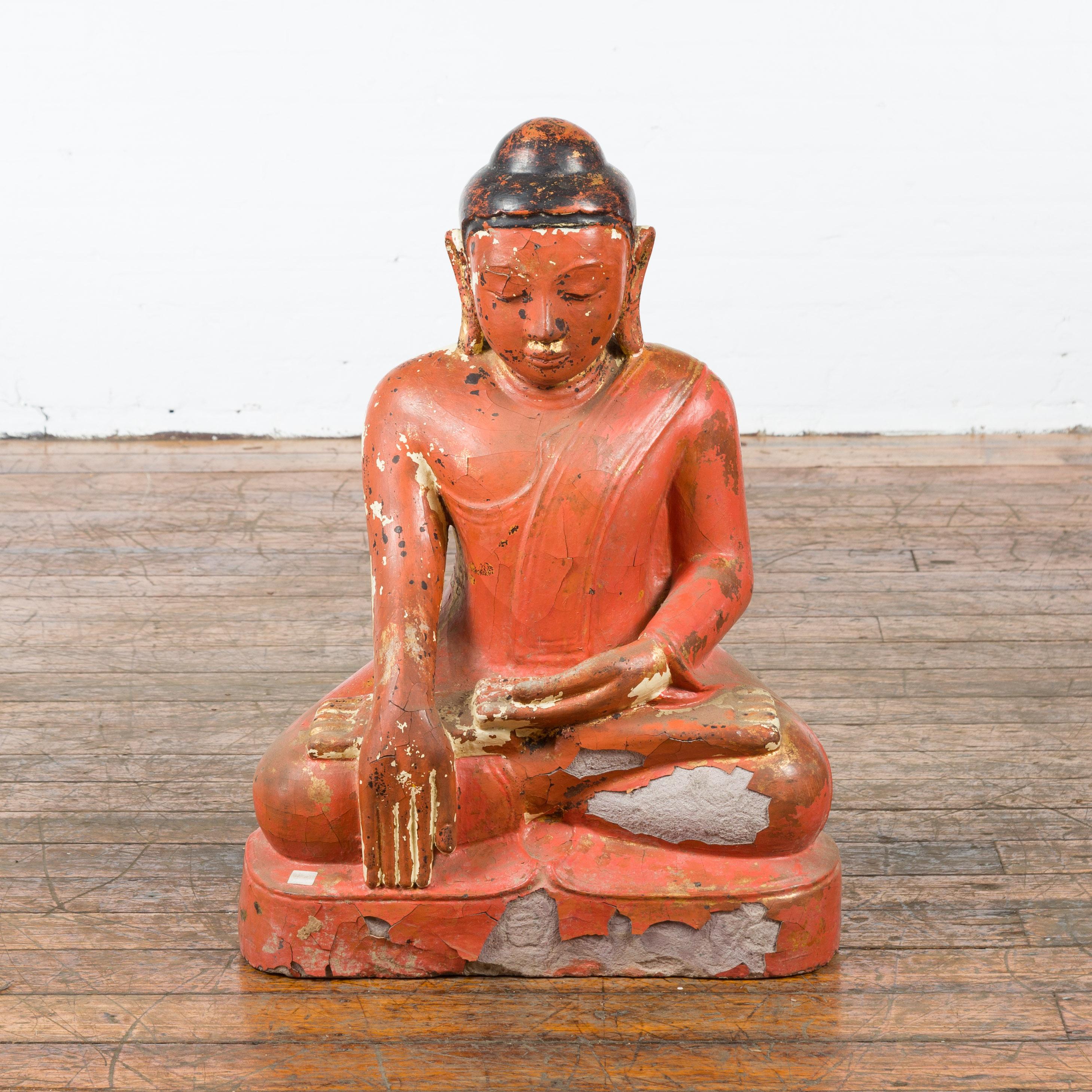 Burmese Vintage Lacquer over Stone Seated Buddha Calling the Earth to Witness 1