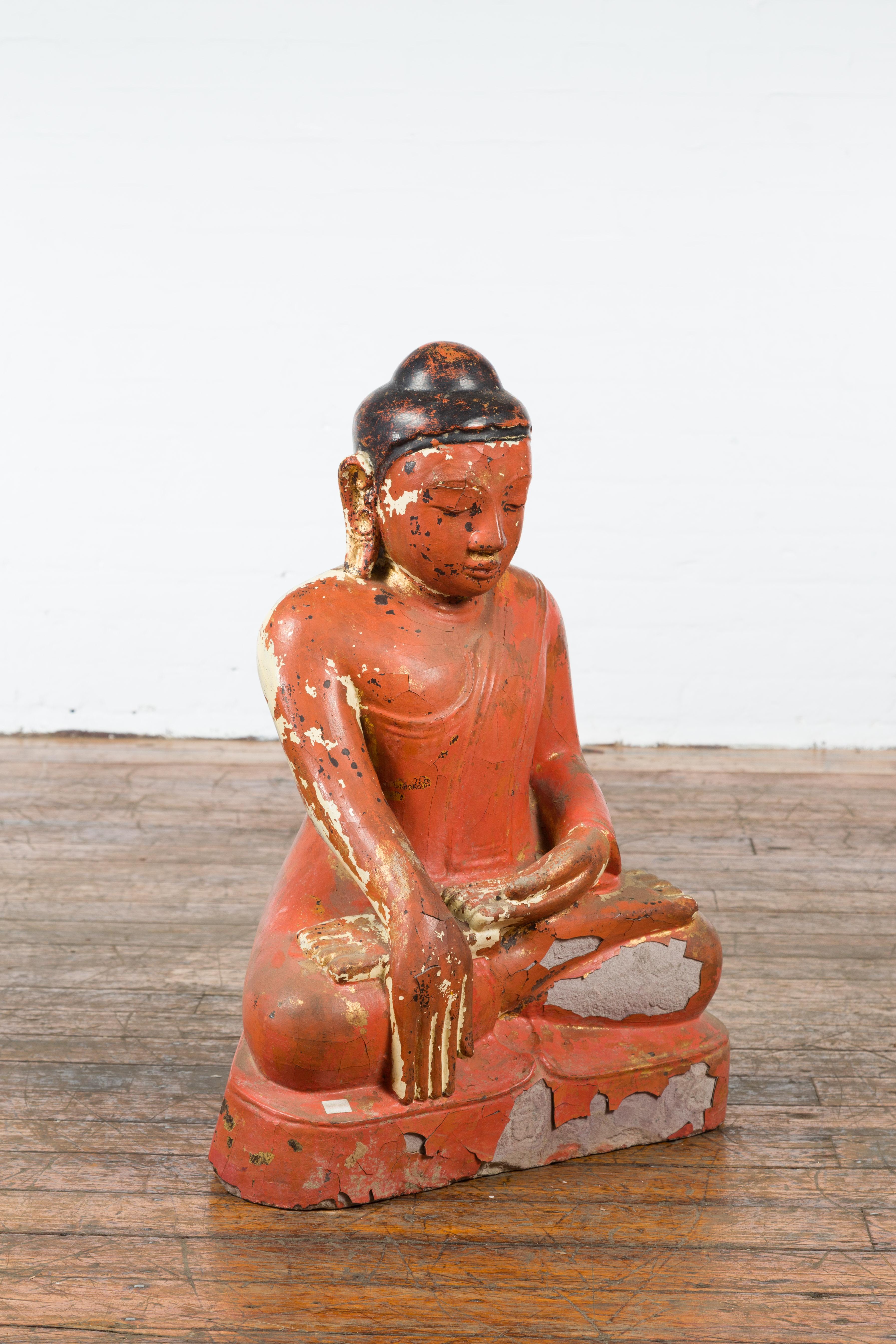 Burmese Vintage Lacquer over Stone Seated Buddha Calling the Earth to Witness 2