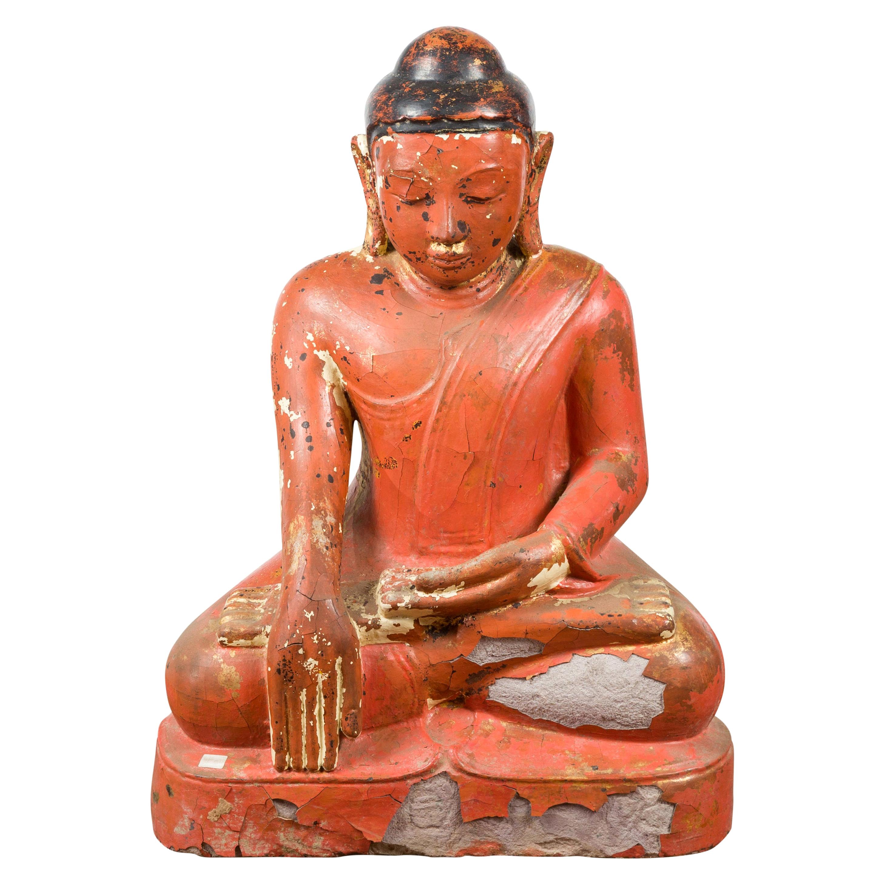Burmese Vintage Lacquer over Stone Seated Buddha Calling the Earth to Witness