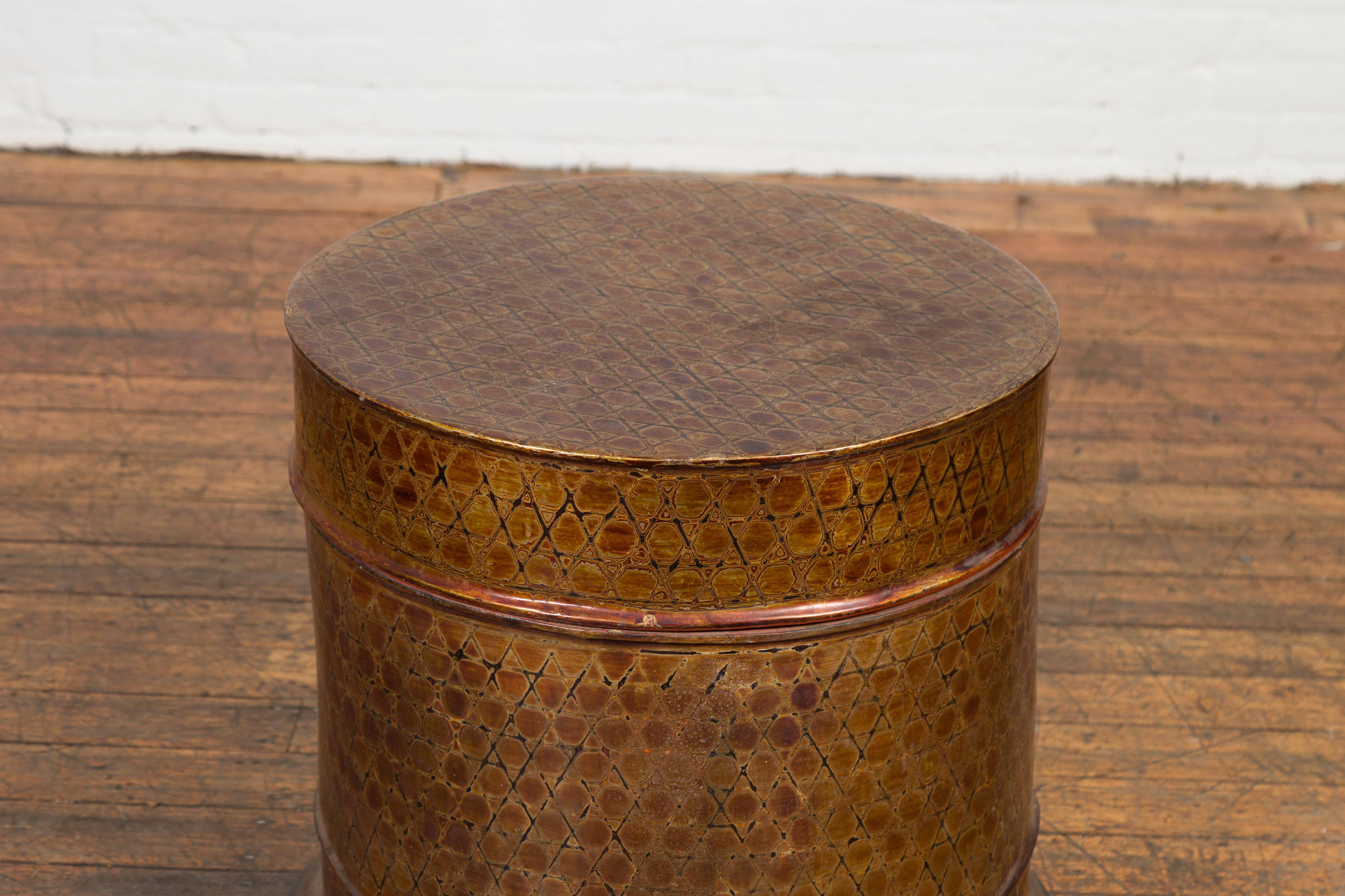 Wood Burmese Vintage Negora Lacquer Circular Box with Snake Skin Pattern