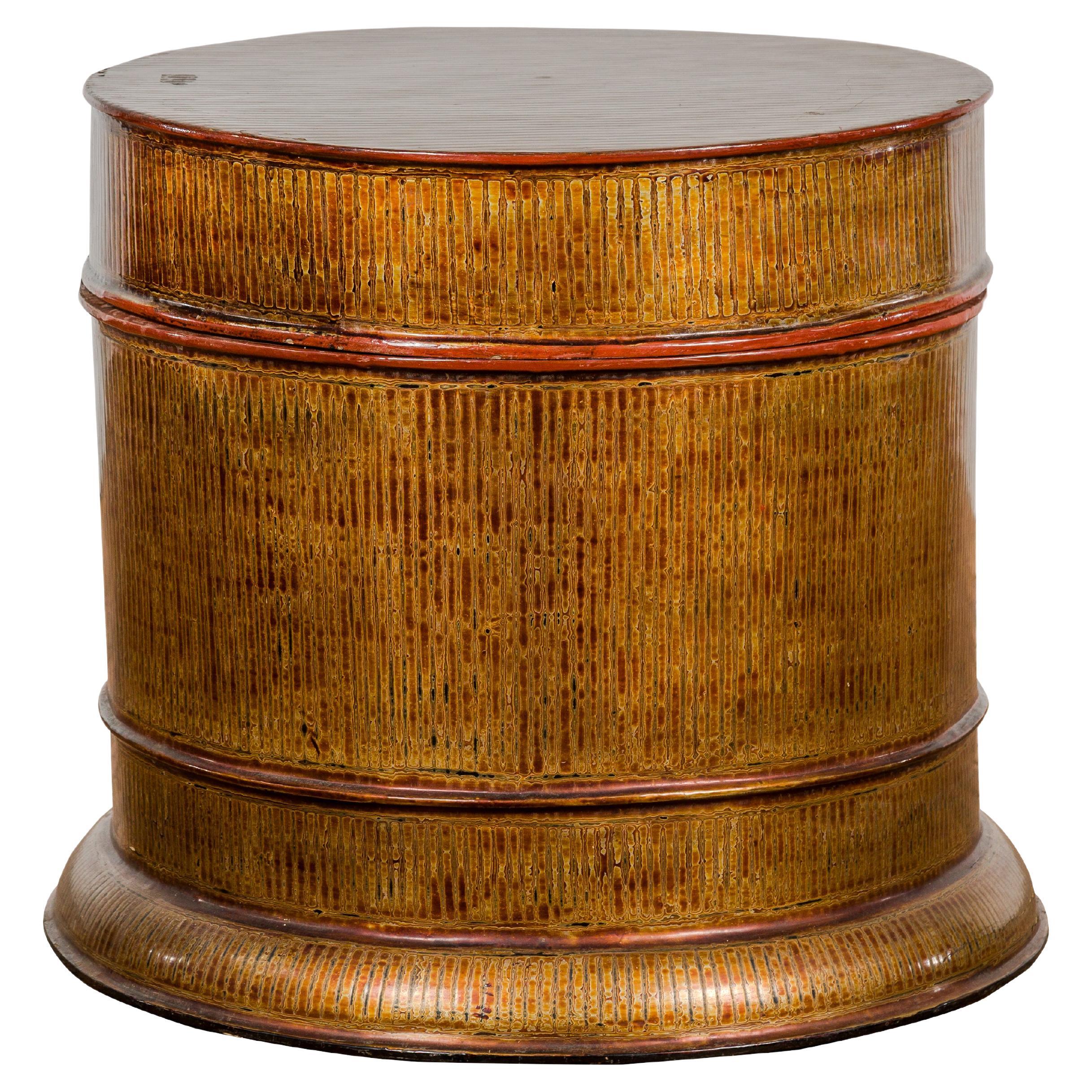 Burmese Vintage Negora Lacquer Circular Storage Bin with Vertical Stripes For Sale