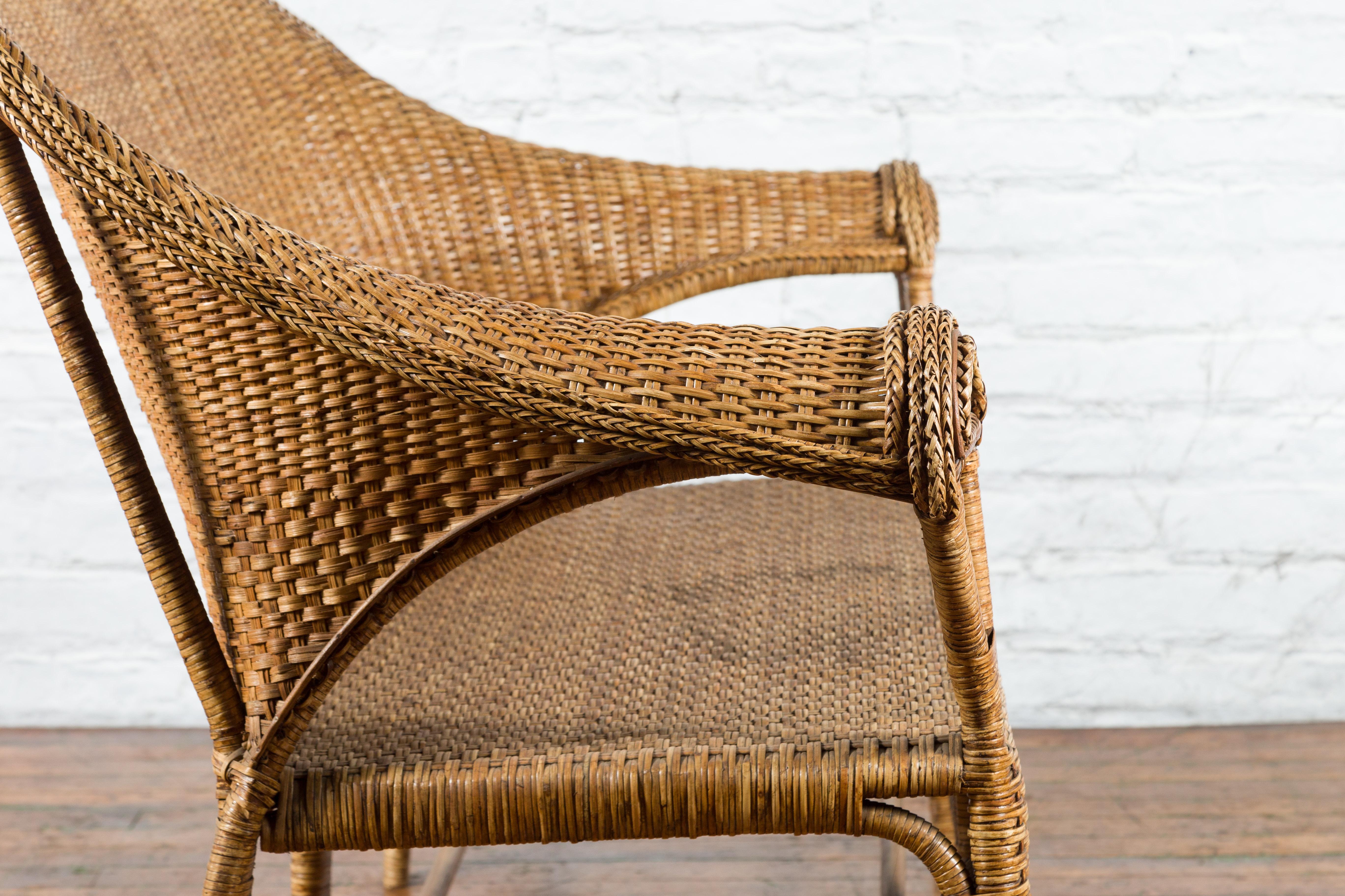 Burmese Vintage Rattan and Wood Loveseat with Curving Back and Unusual Arms For Sale 6