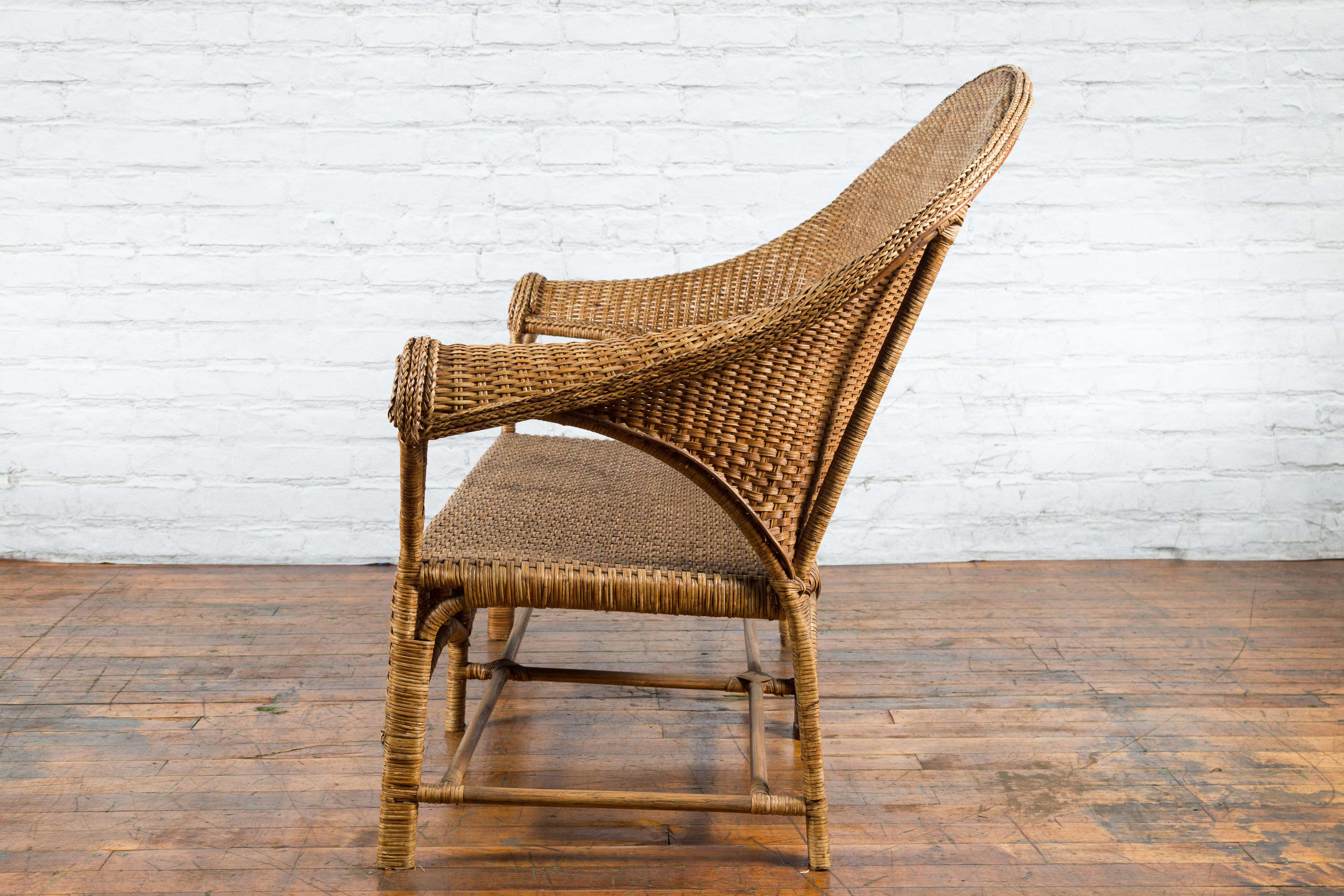 Burmese Vintage Rattan and Wood Loveseat with Curving Back and Unusual Arms For Sale 8