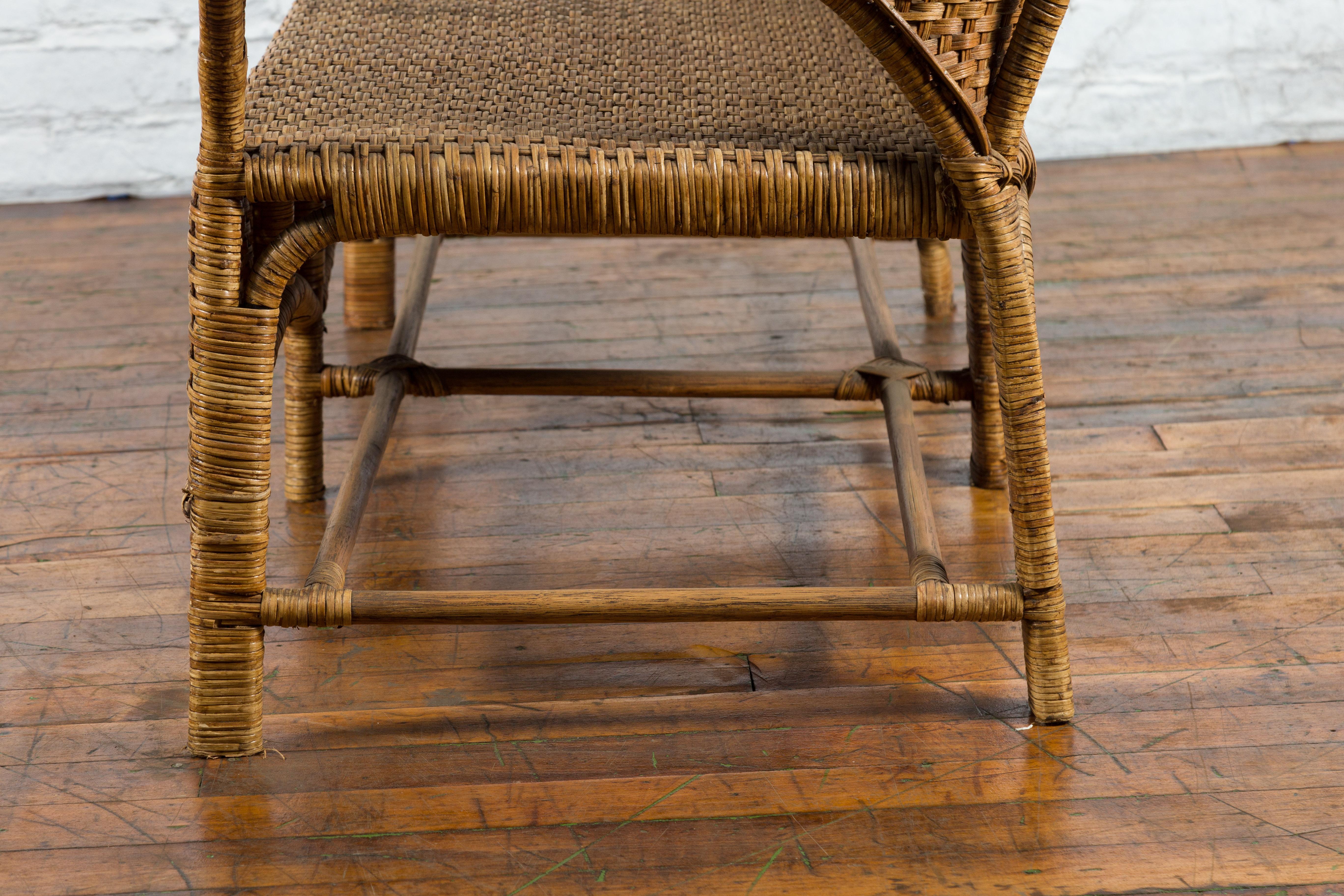 Burmese Vintage Rattan and Wood Loveseat with Curving Back and Unusual Arms For Sale 10