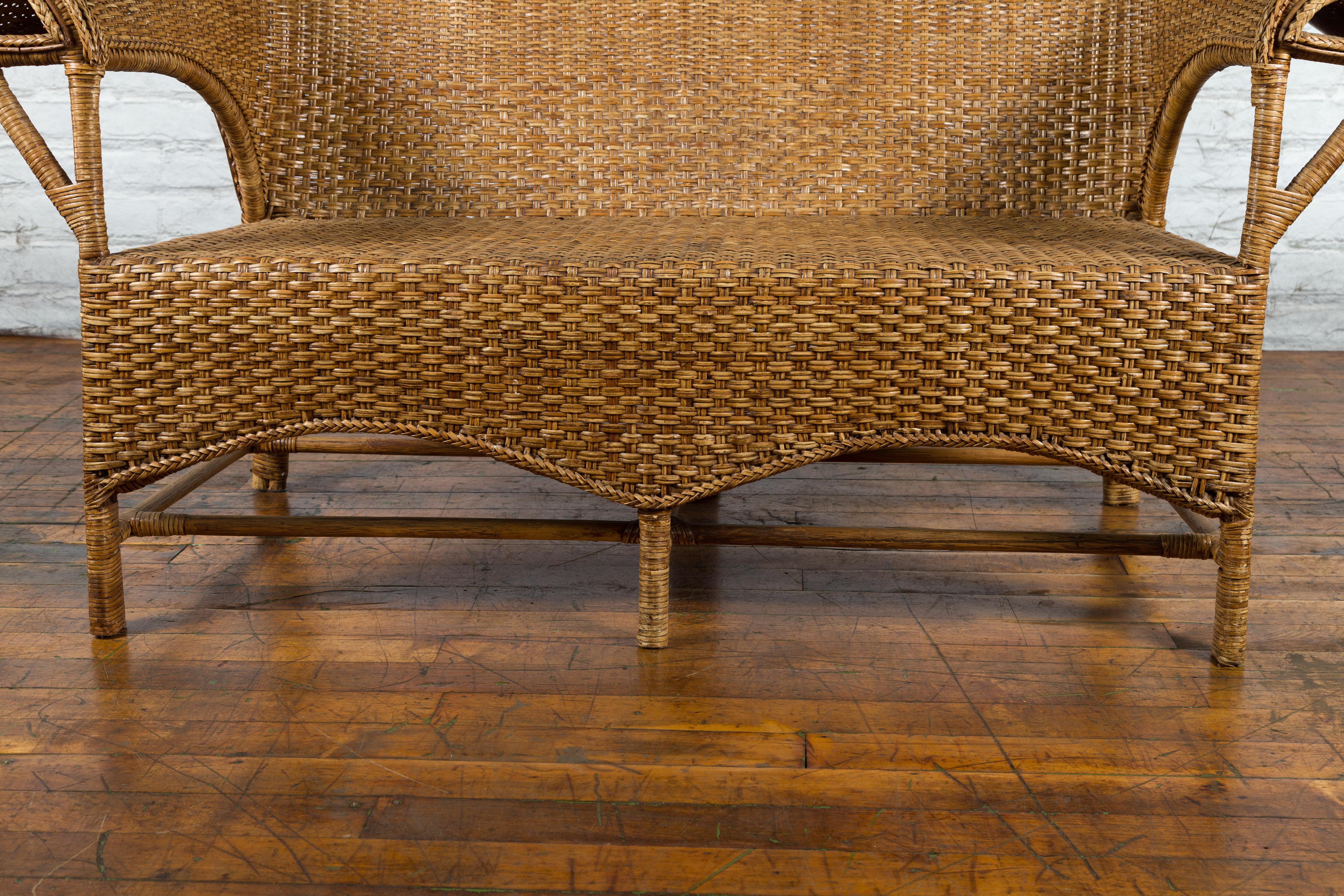 Burmese Vintage Rattan and Wood Loveseat with Curving Back and Unusual Arms For Sale 1