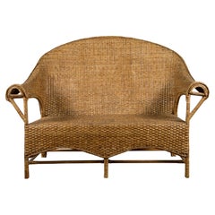 Burmese Retro Rattan and Wood Loveseat with Curving Back and Unusual Arms