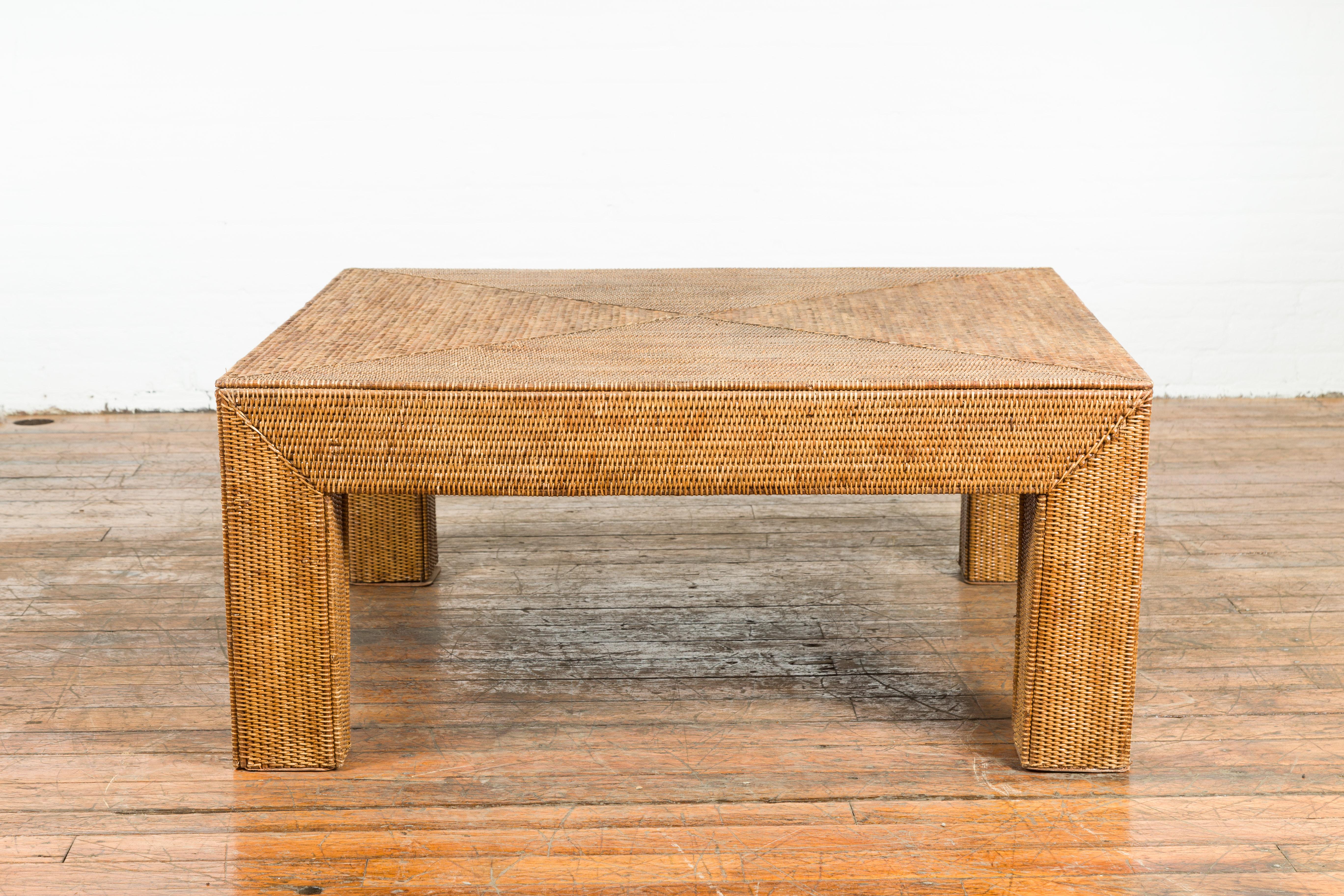 Burmese Vintage Rattan Parsons Leg Coffee Table Hand-Stitched over Wood For Sale 2