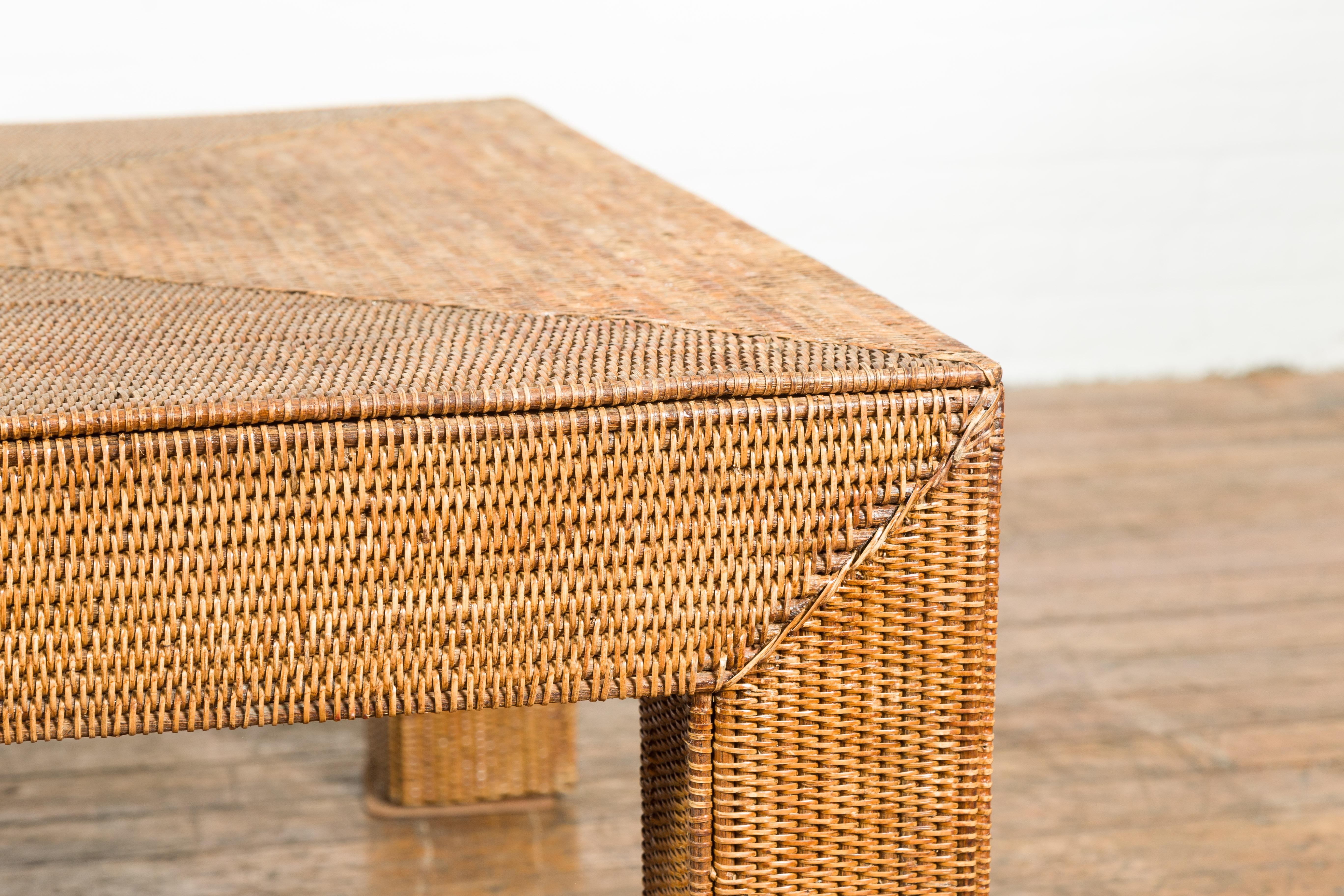 Mid-Century Modern Burmese Vintage Rattan Parsons Leg Coffee Table Hand-Stitched over Wood For Sale