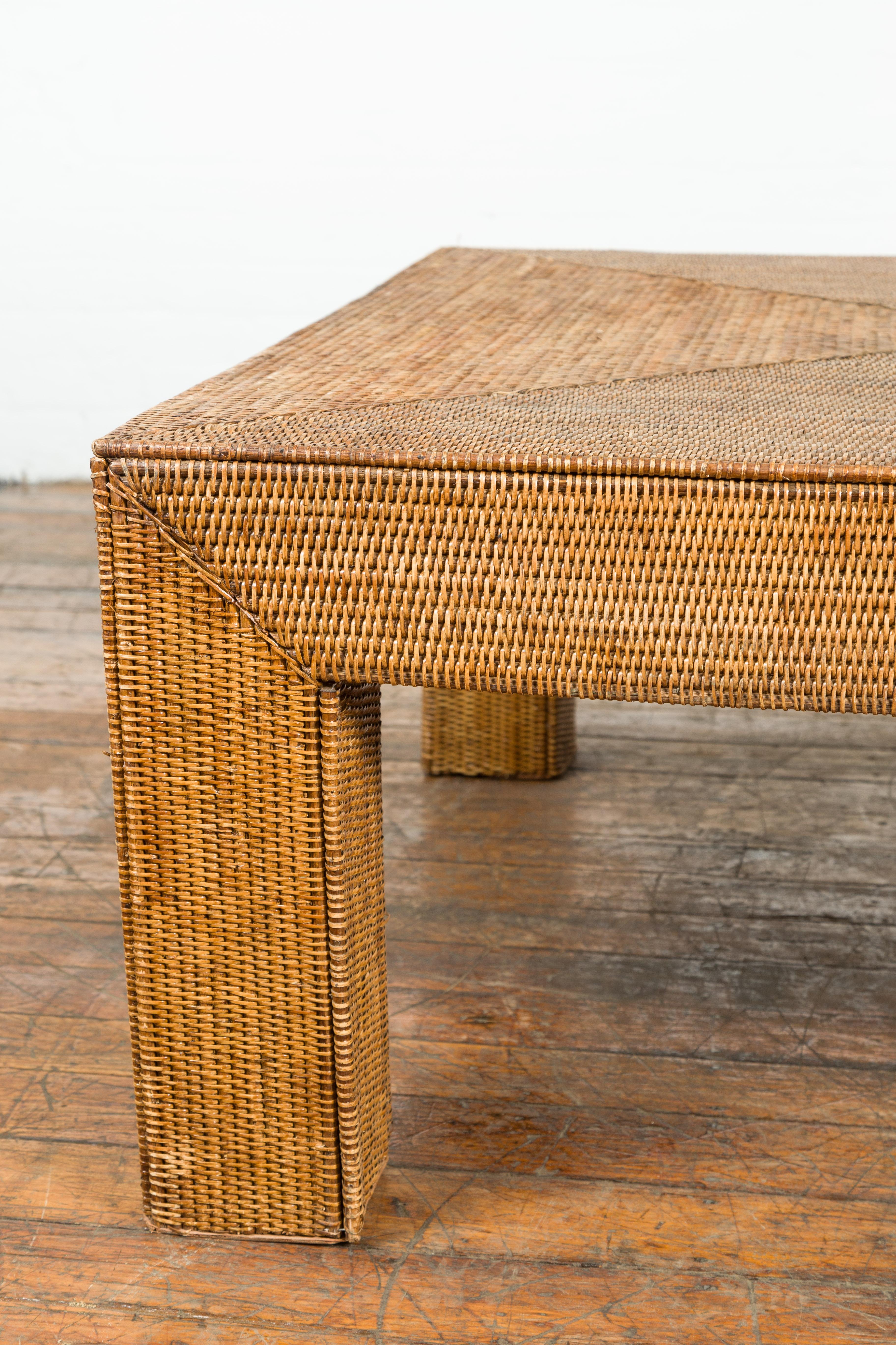 Burmese Vintage Rattan Parsons Leg Coffee Table Hand-Stitched over Wood In Good Condition For Sale In Yonkers, NY
