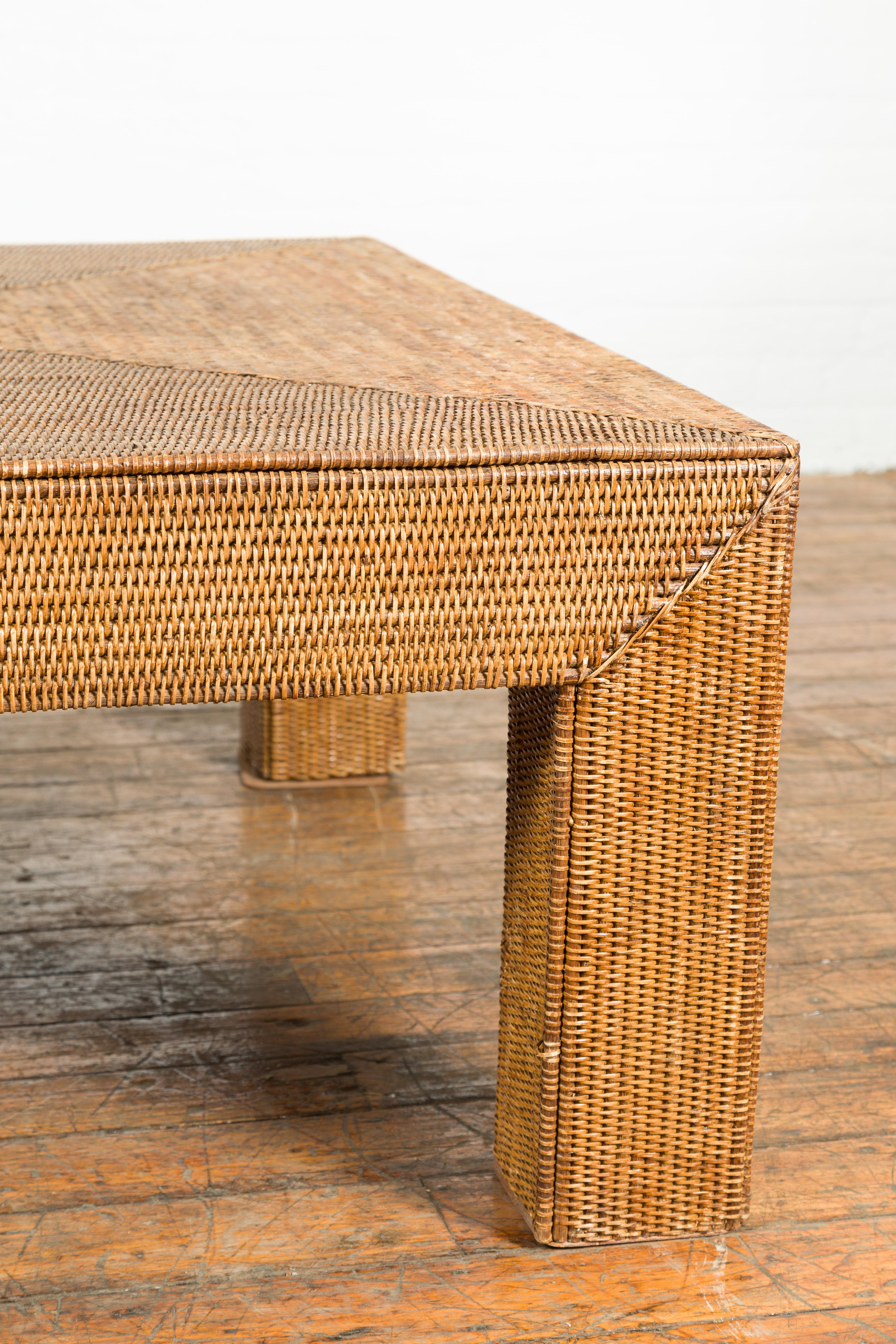 20th Century Burmese Vintage Rattan Parsons Leg Coffee Table Hand-Stitched over Wood For Sale