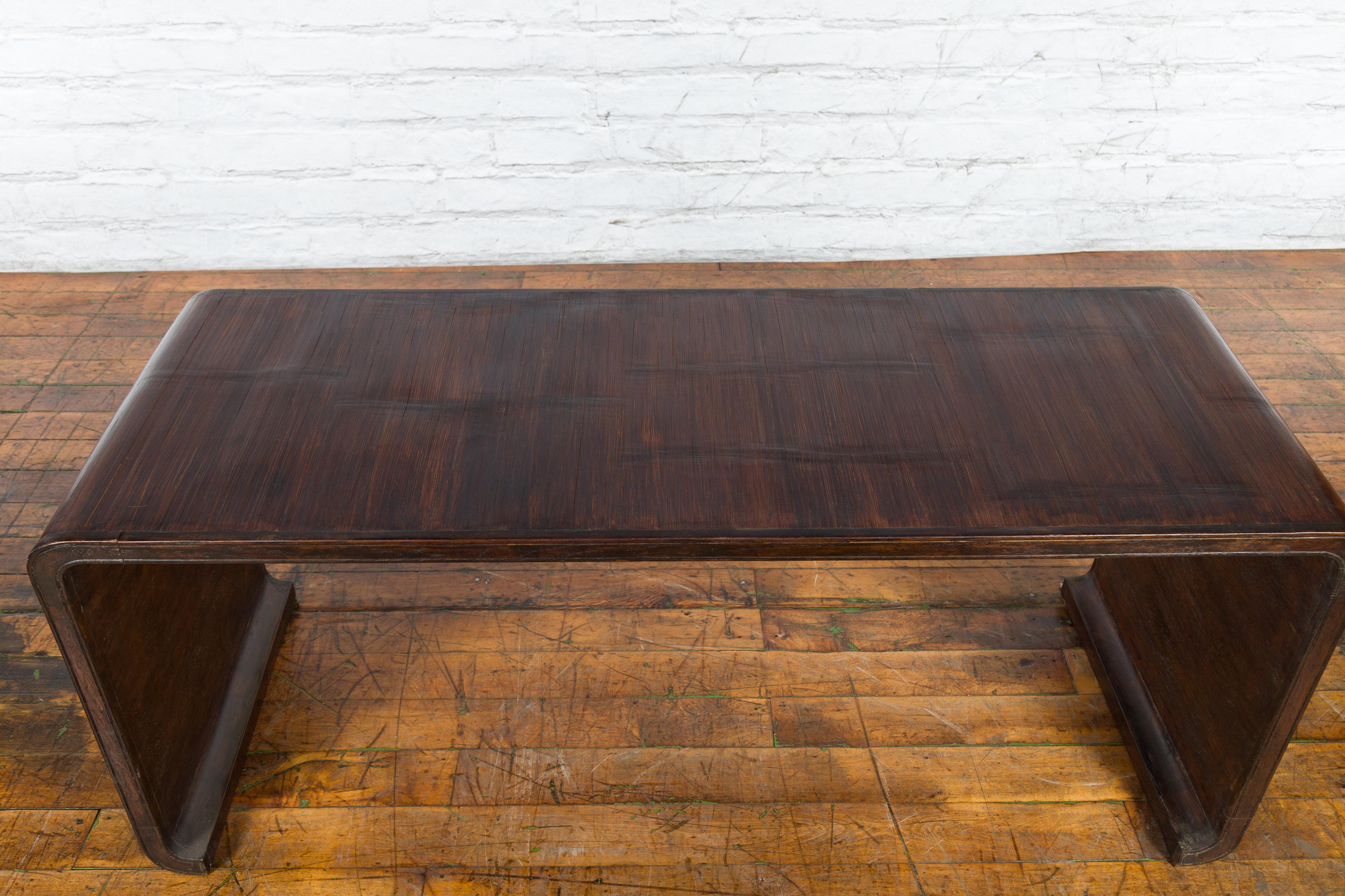 Burmese Vintage Waterfall Coffee Table with Opium Mat Inset and Scrolling Feet For Sale 2