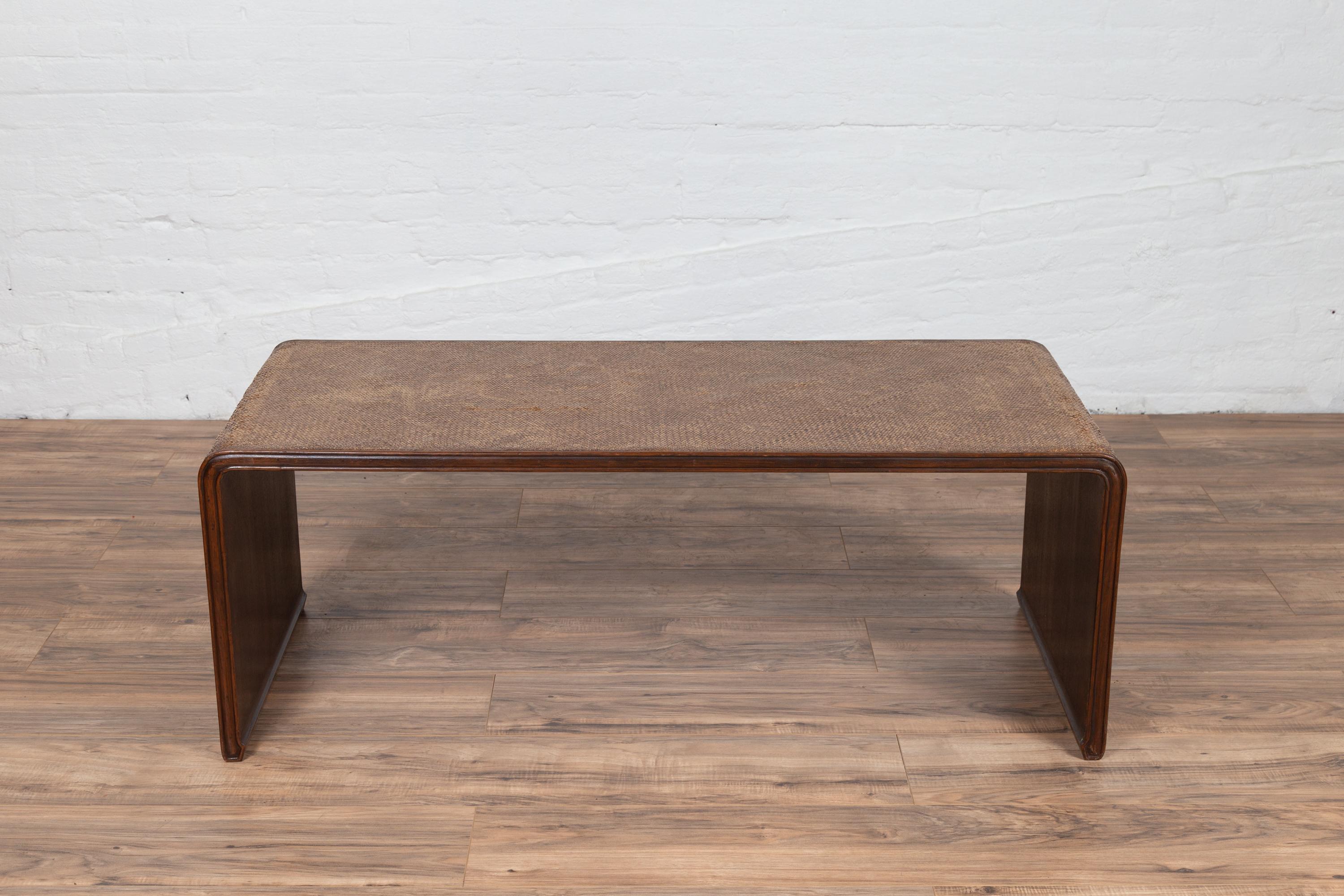 Burmese Vintage Waterfall Coffee Table with Rattan Cover Mounted on Wooden Frame 5