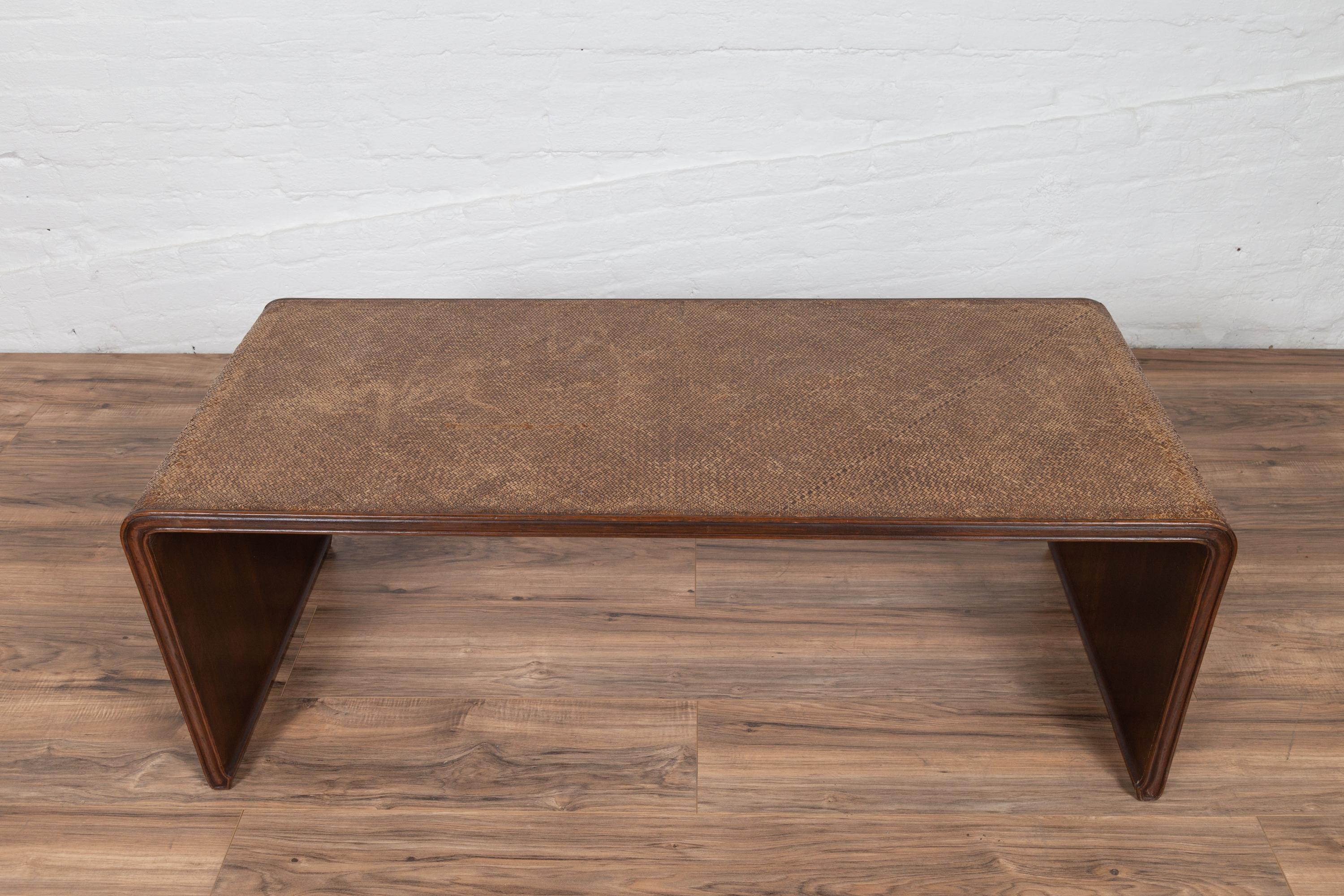 Mid-Century Modern Burmese Vintage Waterfall Coffee Table with Rattan Cover Mounted on Wooden Frame