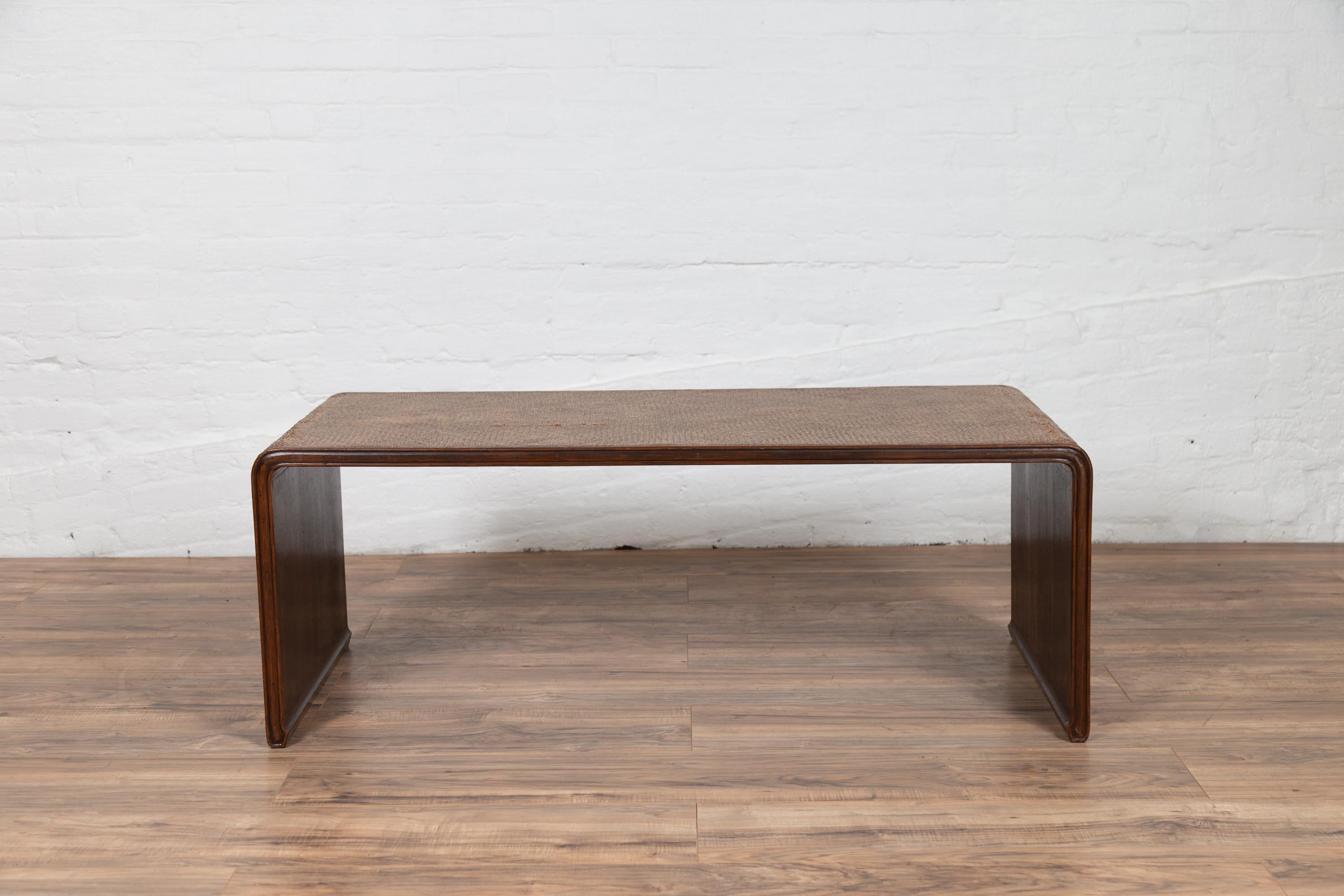 Burmese Vintage Waterfall Coffee Table with Rattan Cover Mounted on Wooden Frame 2