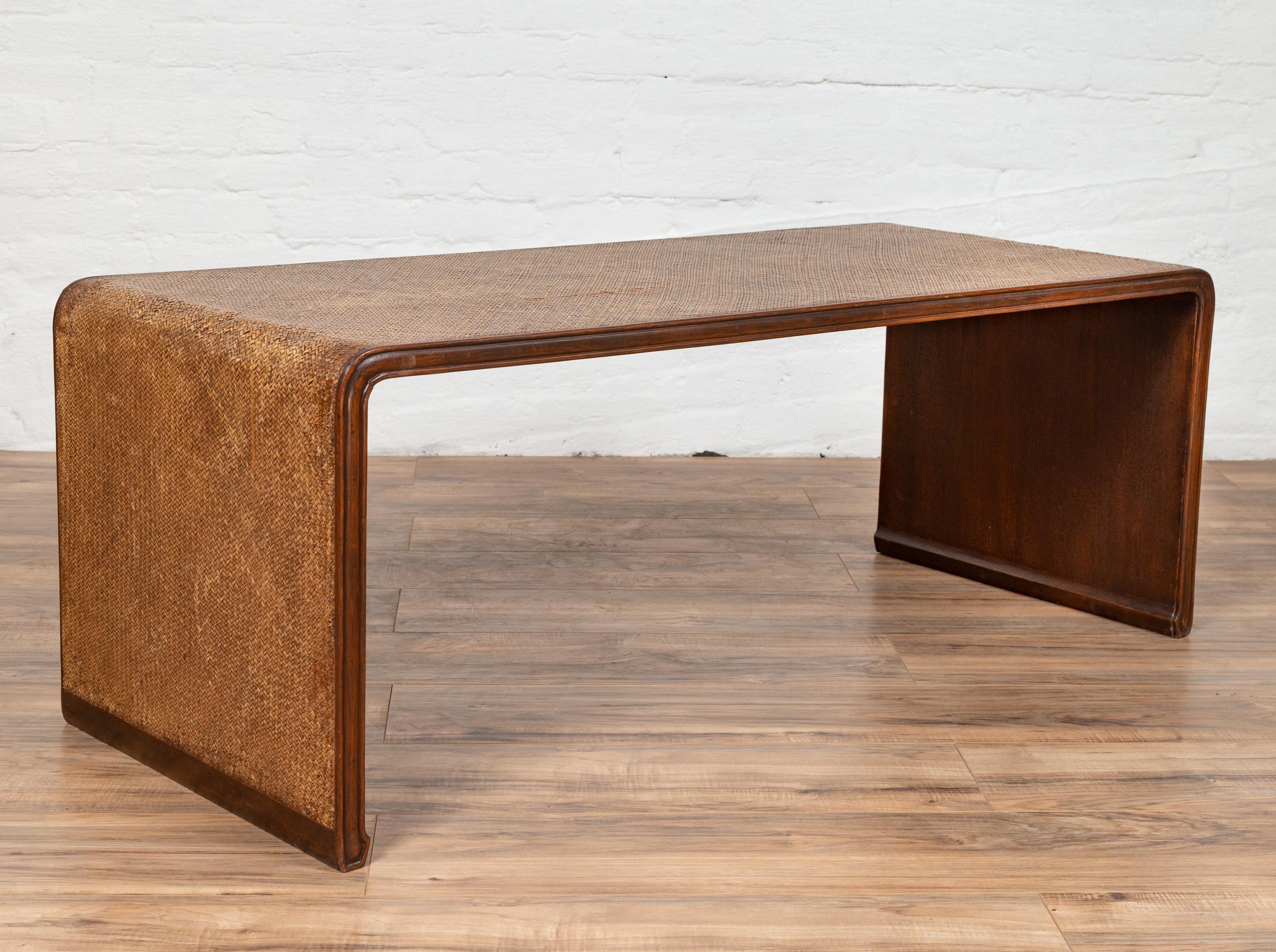 Burmese Vintage Waterfall Coffee Table with Rattan Cover Mounted on Wooden Frame 3