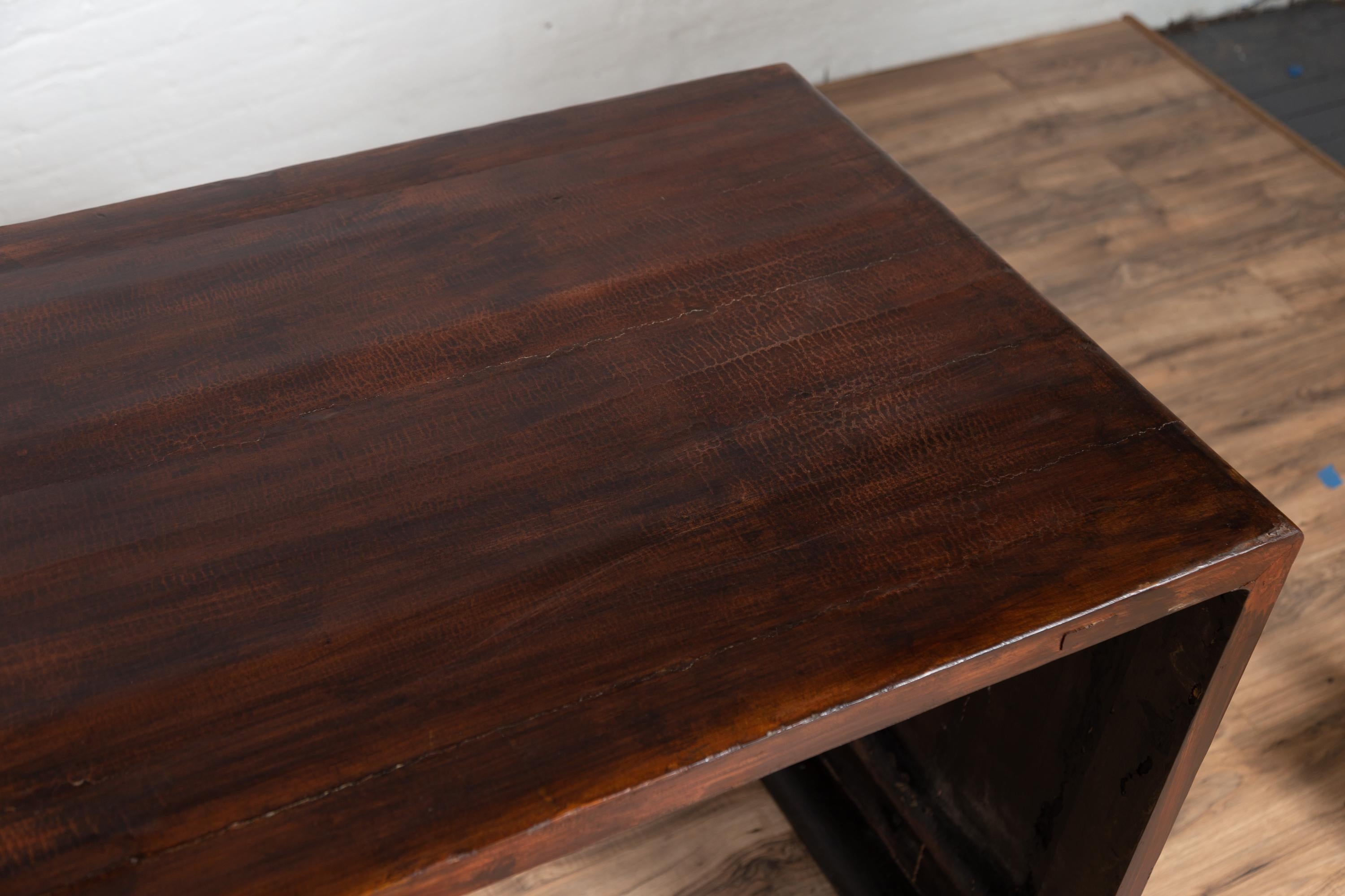 Burmese Vintage Waterfall Console Table with Scrolling Feet and Dark Patina For Sale 6