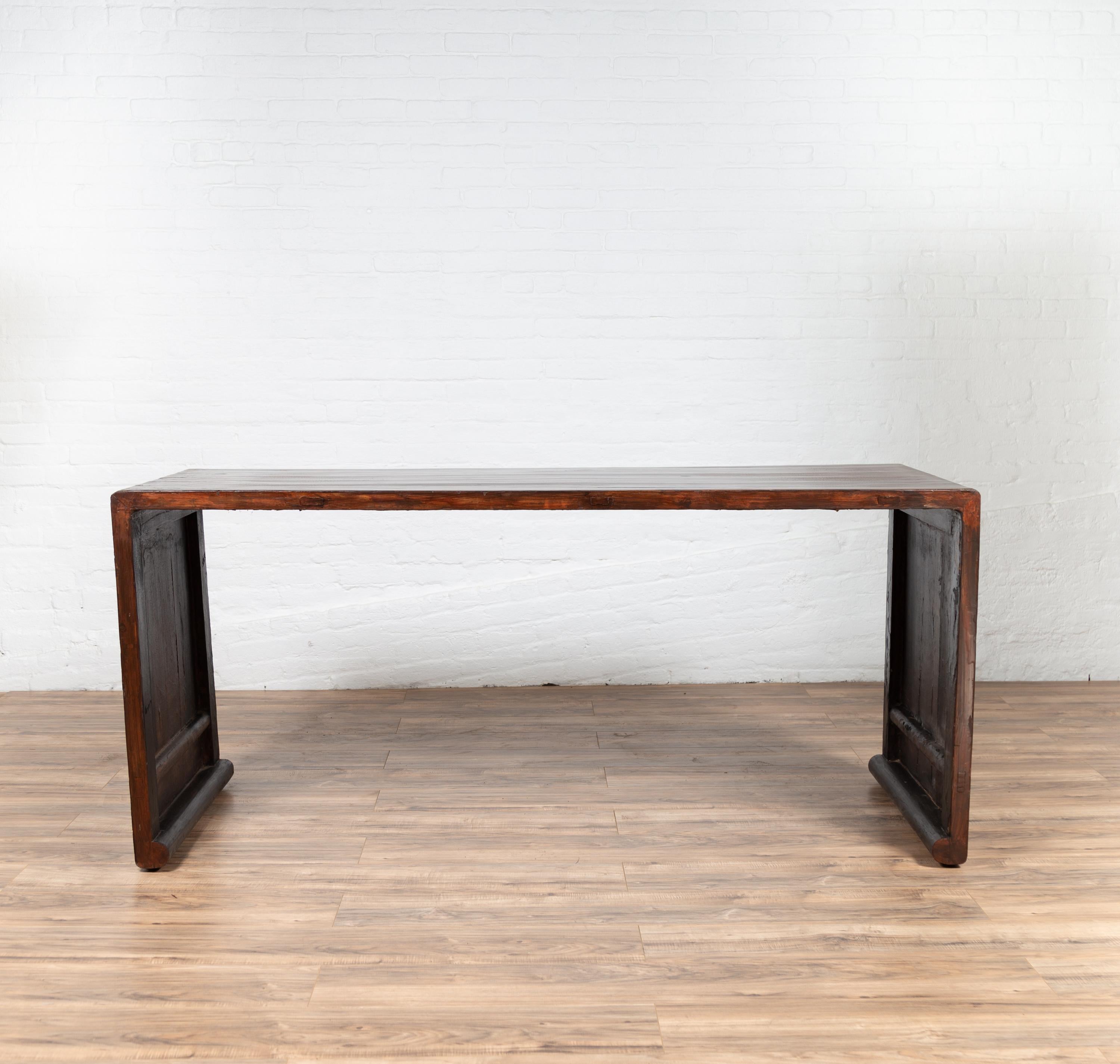 Burmese Vintage Waterfall Console Table with Scrolling Feet and Dark Patina For Sale 9