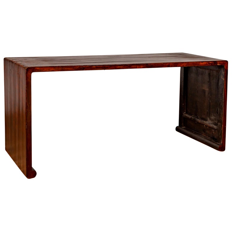 Burmese Vintage Waterfall Console Table With Scrolling Feet And