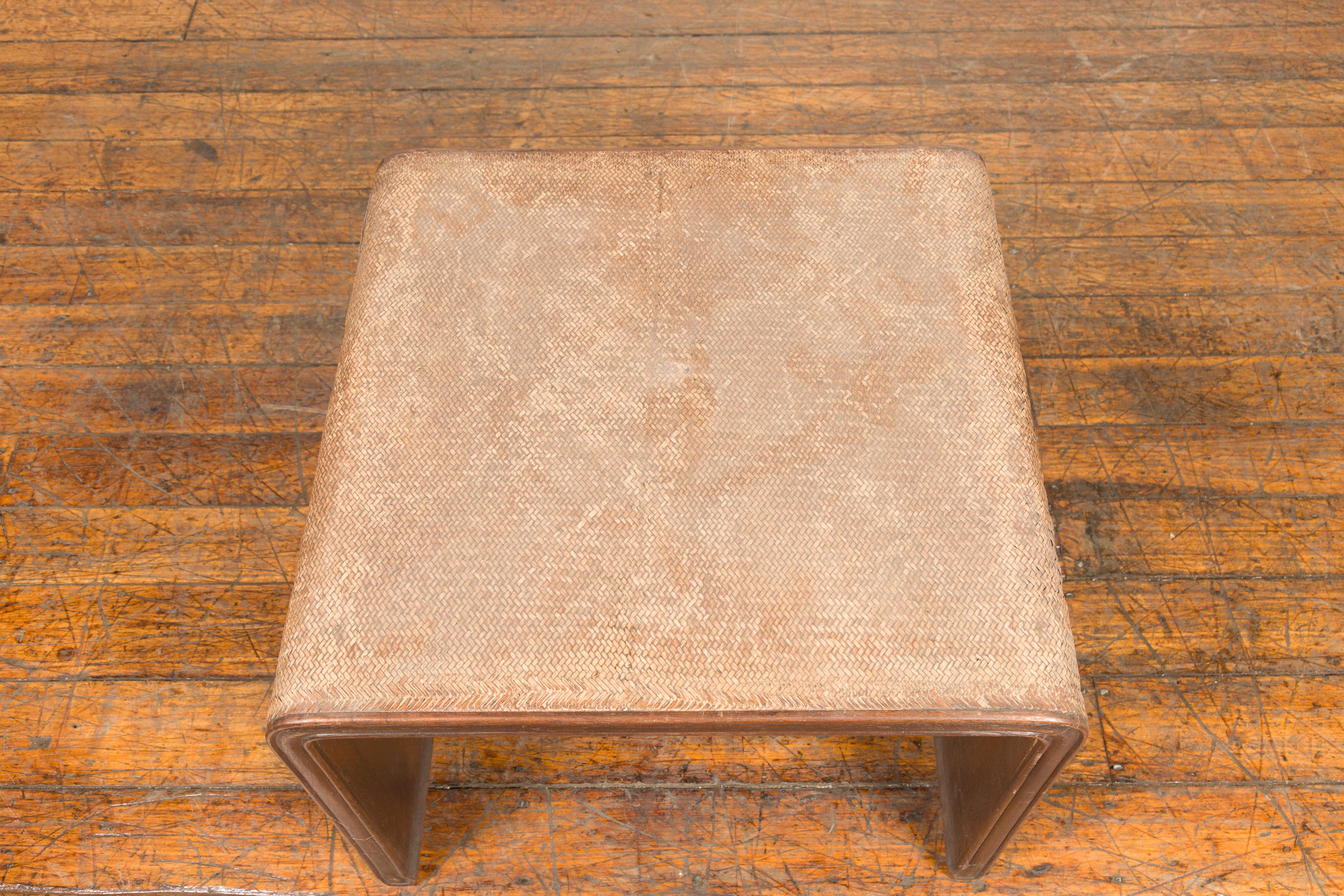 Wood Burmese Vintage Waterfall Side Table with Rattan Woven Top and Horse Hoof Feet For Sale