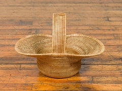 Burmese Vintage Woven Rattan Hat-Shaped Flower Basket with Large Handle