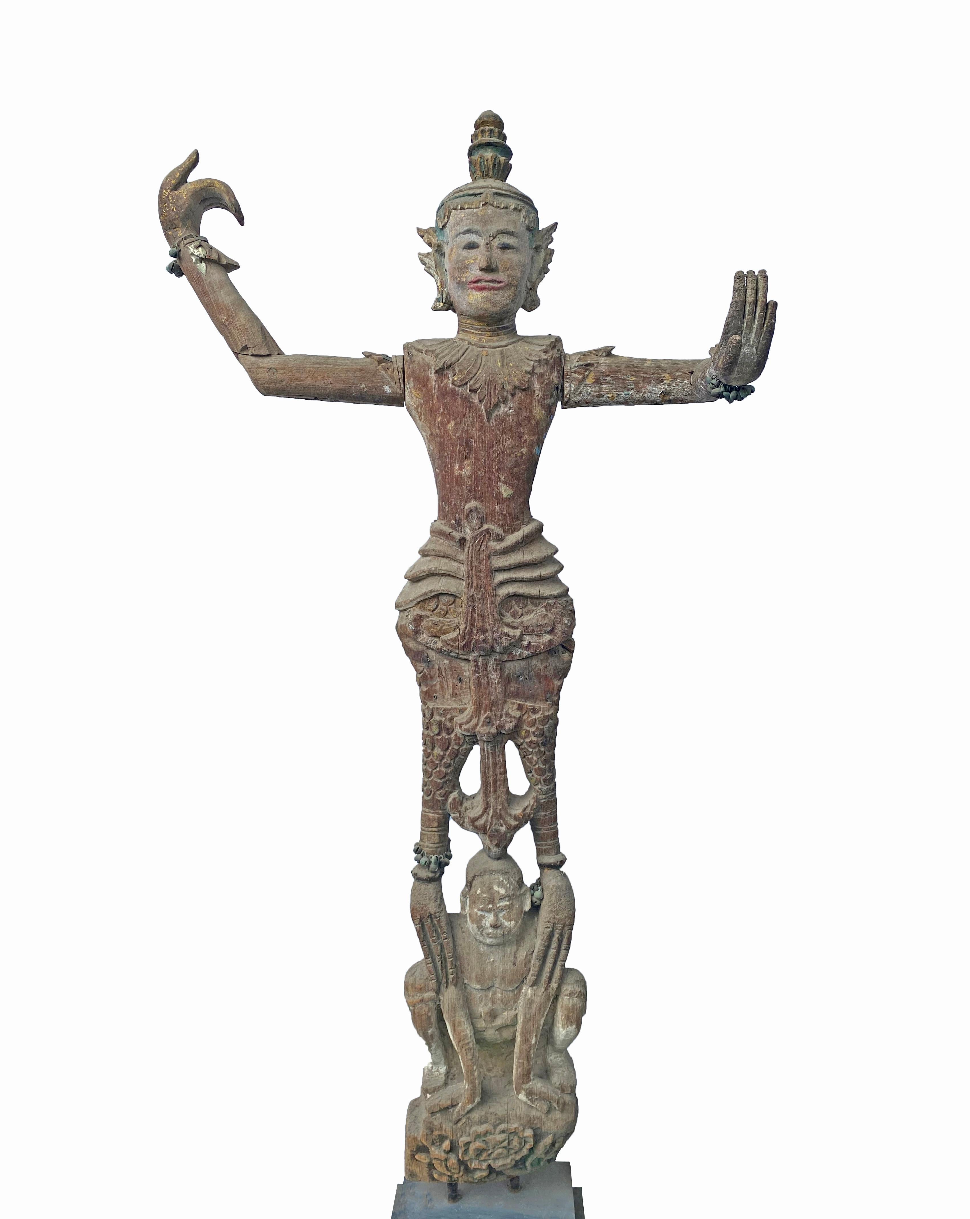 Burmese Wooden Teak Nat Statue Spirit Guardians Pair, Early 20th Century For Sale 2