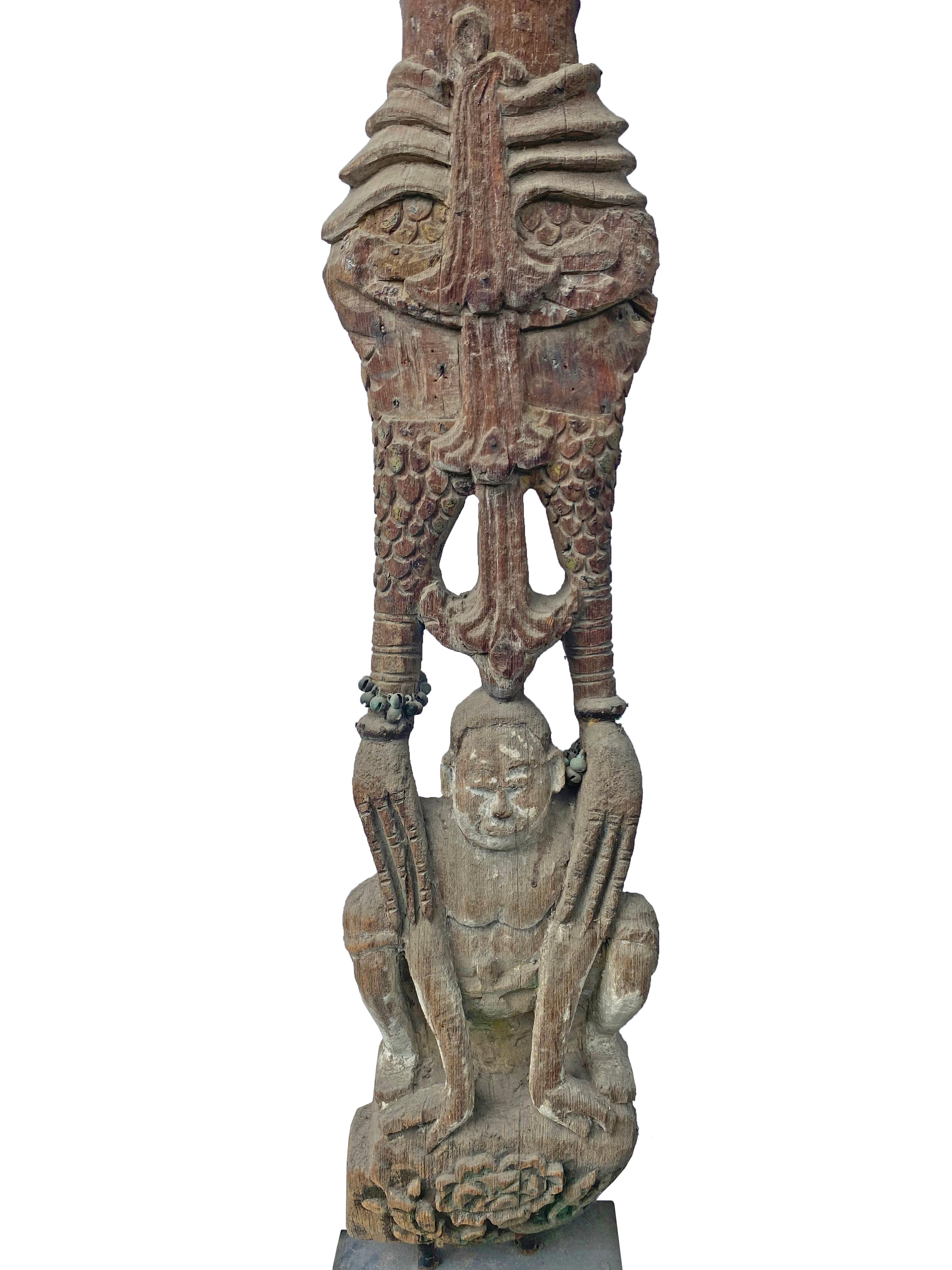 Burmese Wooden Teak Nat Statue Spirit Guardians Pair, Early 20th Century For Sale 7