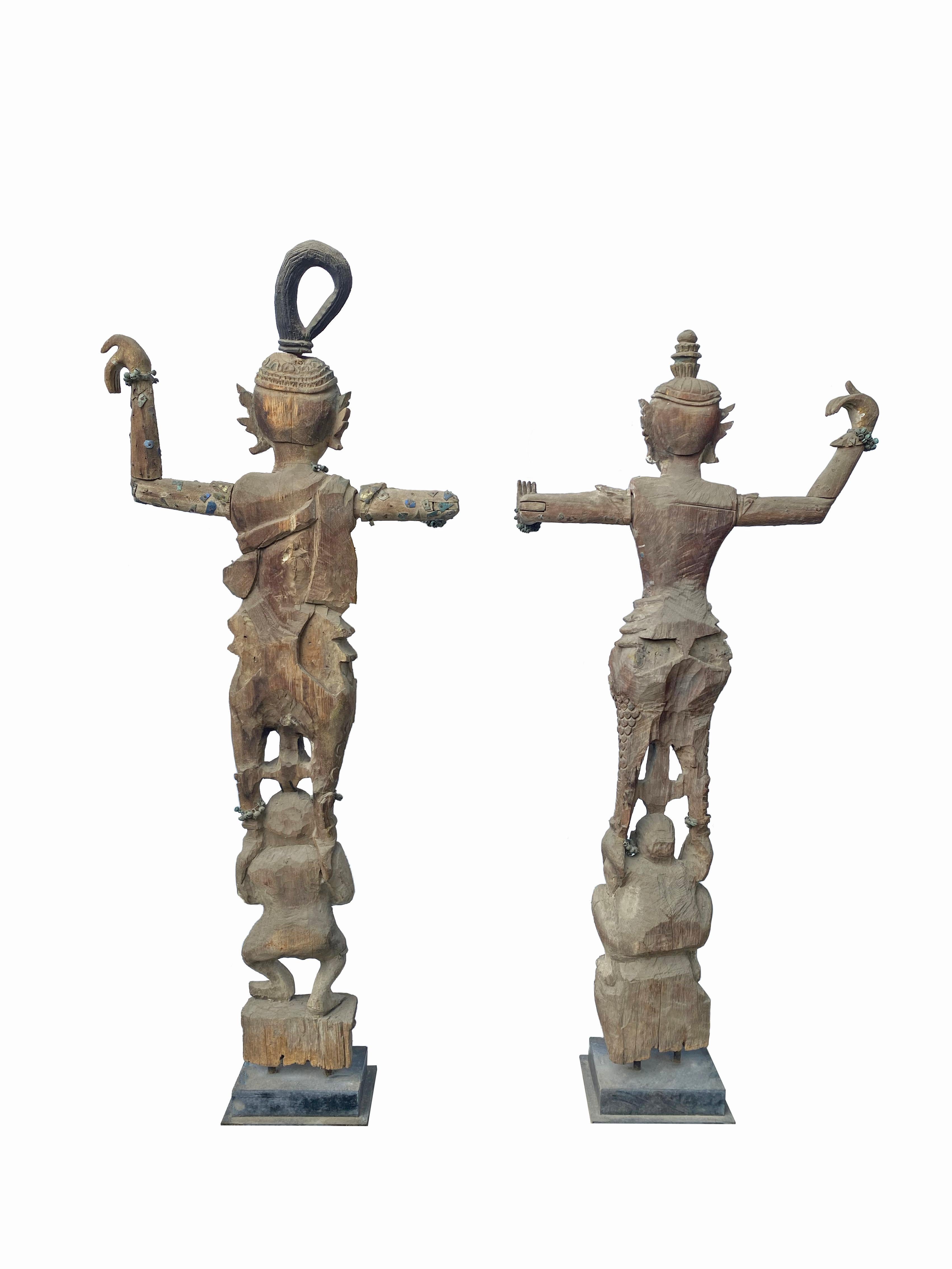 Burmese Wooden Teak Nat Statue Spirit Guardians Pair, Early 20th Century For Sale 10