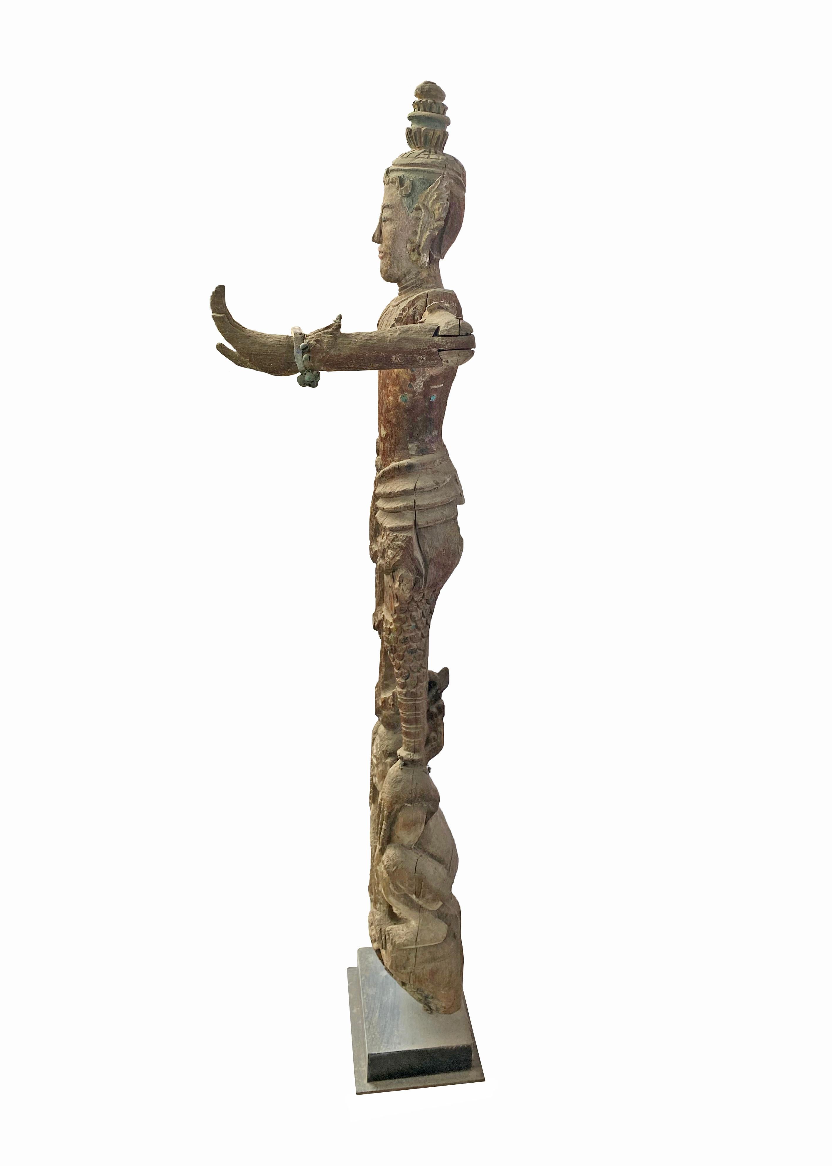 Other Burmese Wooden Teak Nat Statue Spirit Guardians Pair, Early 20th Century For Sale