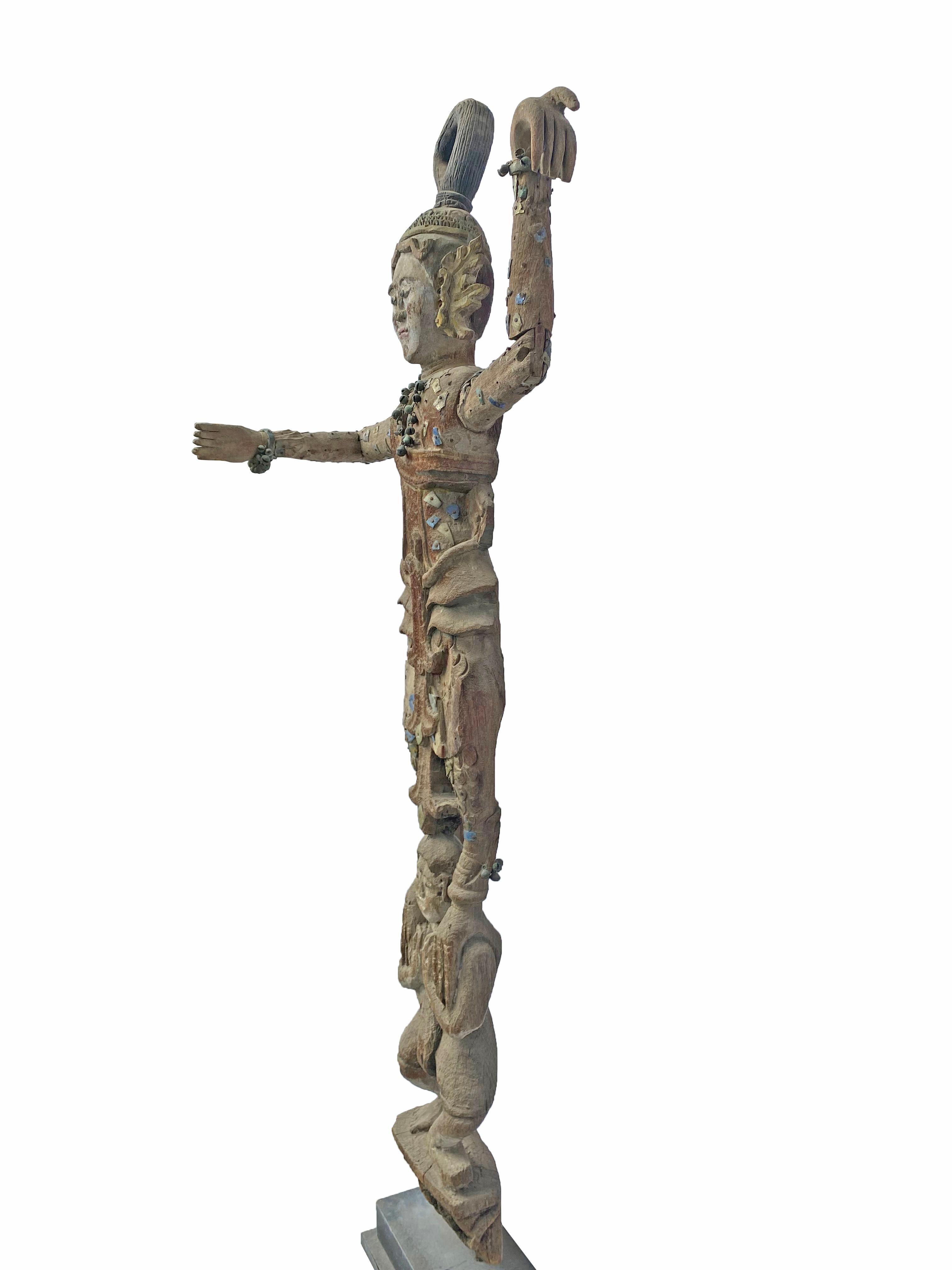 Burmese Wooden Teak Nat Statue Spirit Guardians Pair, Early 20th Century For Sale 1