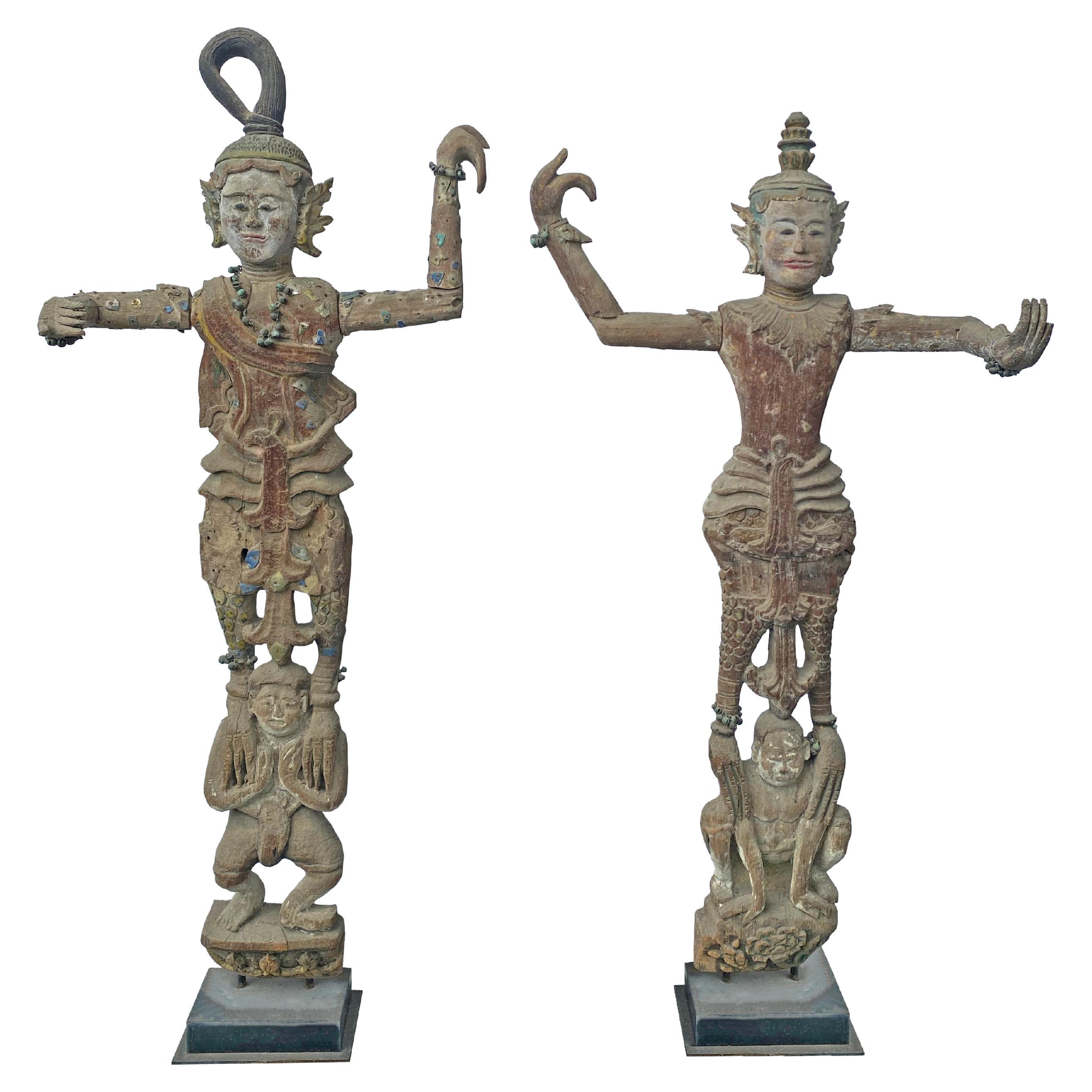 Burmese Wooden Teak Nat Statue Spirit Guardians Pair, Early 20th Century