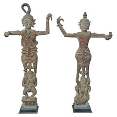 Burmese Wooden Teak Nat Statue Spirit Guardians Pair, Early 20th Century
