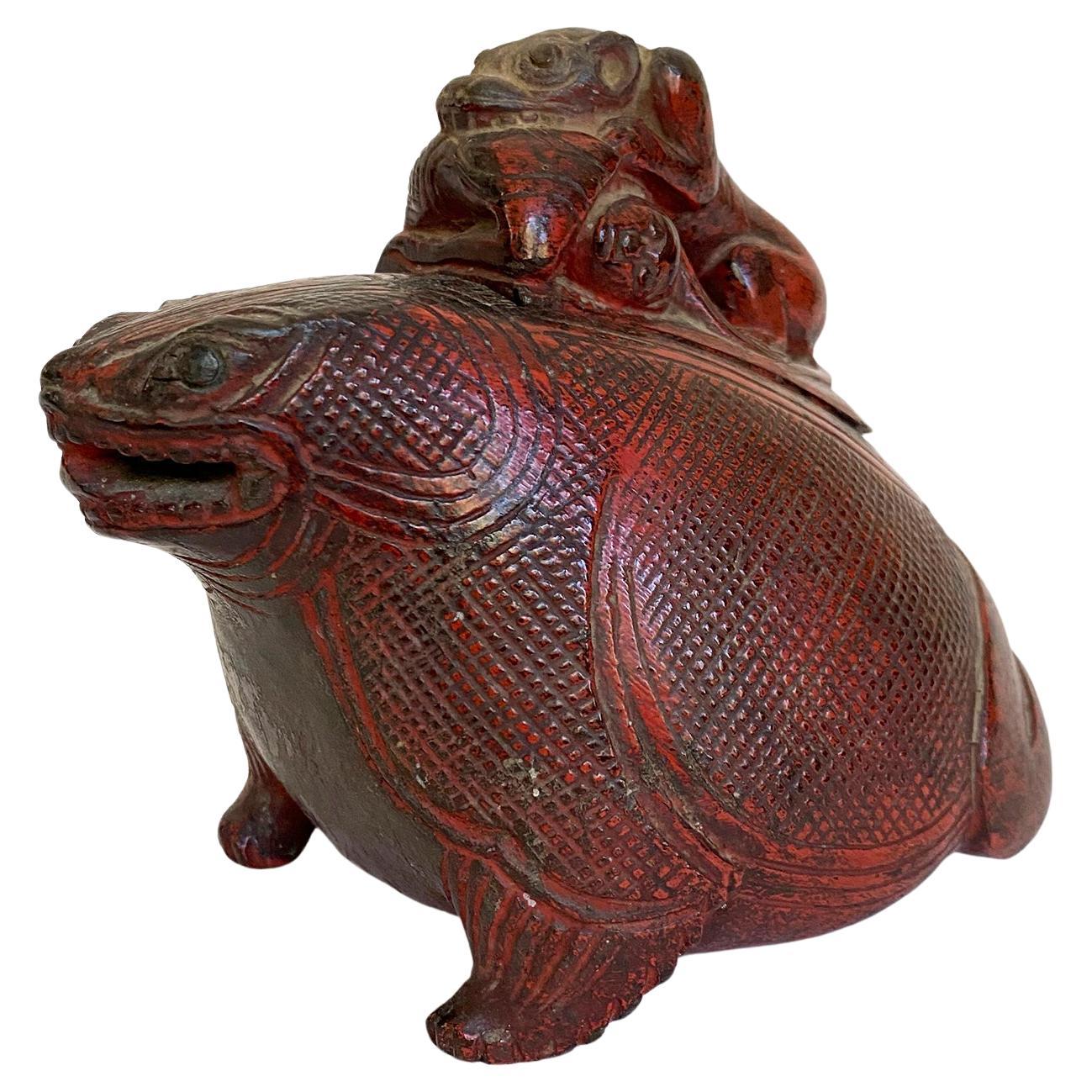 Burmese Zoomorphic Box in the Form of a Frog, Wood Lacquer, Circa 1930