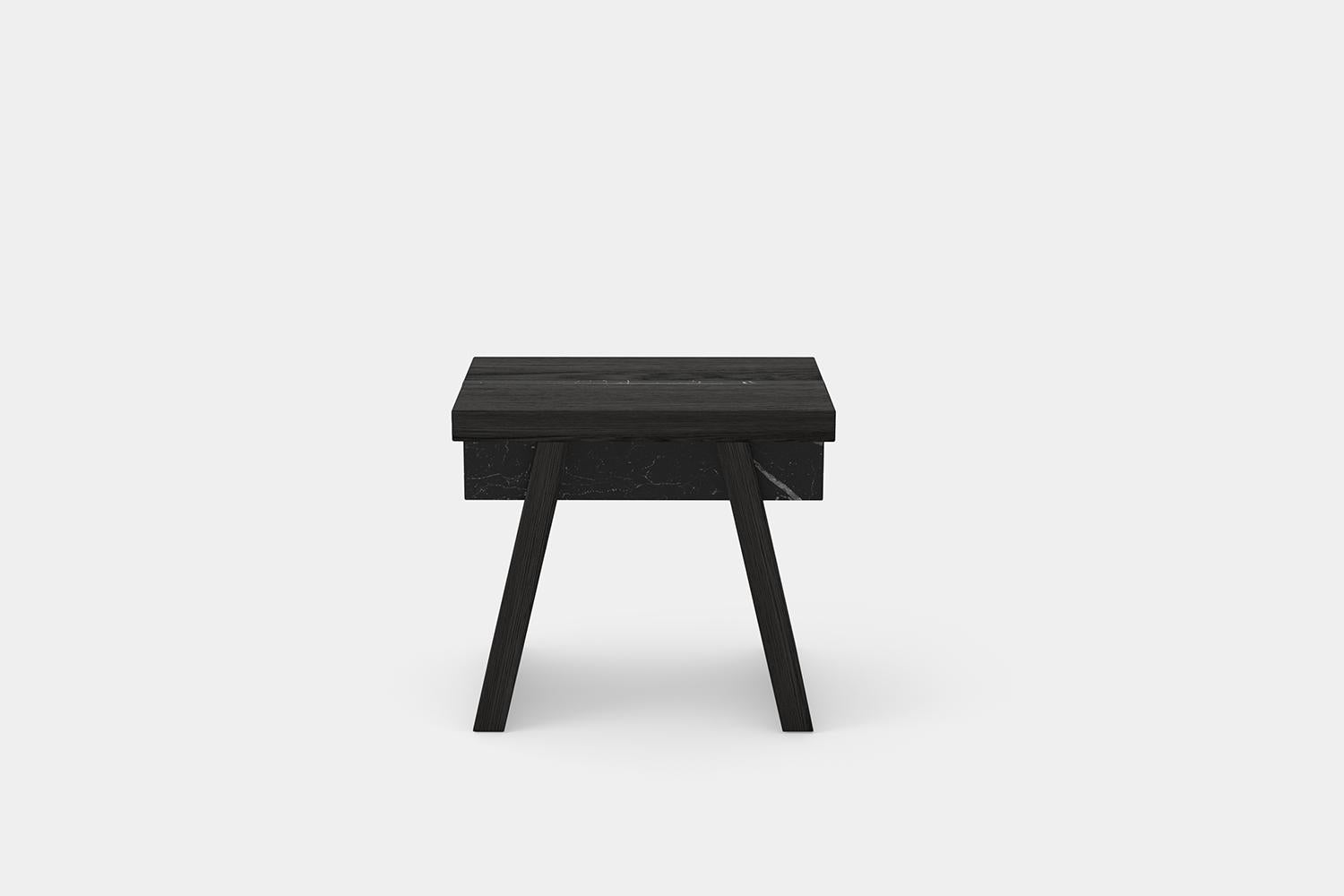 Laws of Motion, Black Solid Wood Side Table, Marble Top Nightstand by Joel Escalona

Laws of Motion is a furniture collection that through a series of different typologies explores concepts like force, gravity and movement. Each of these functional