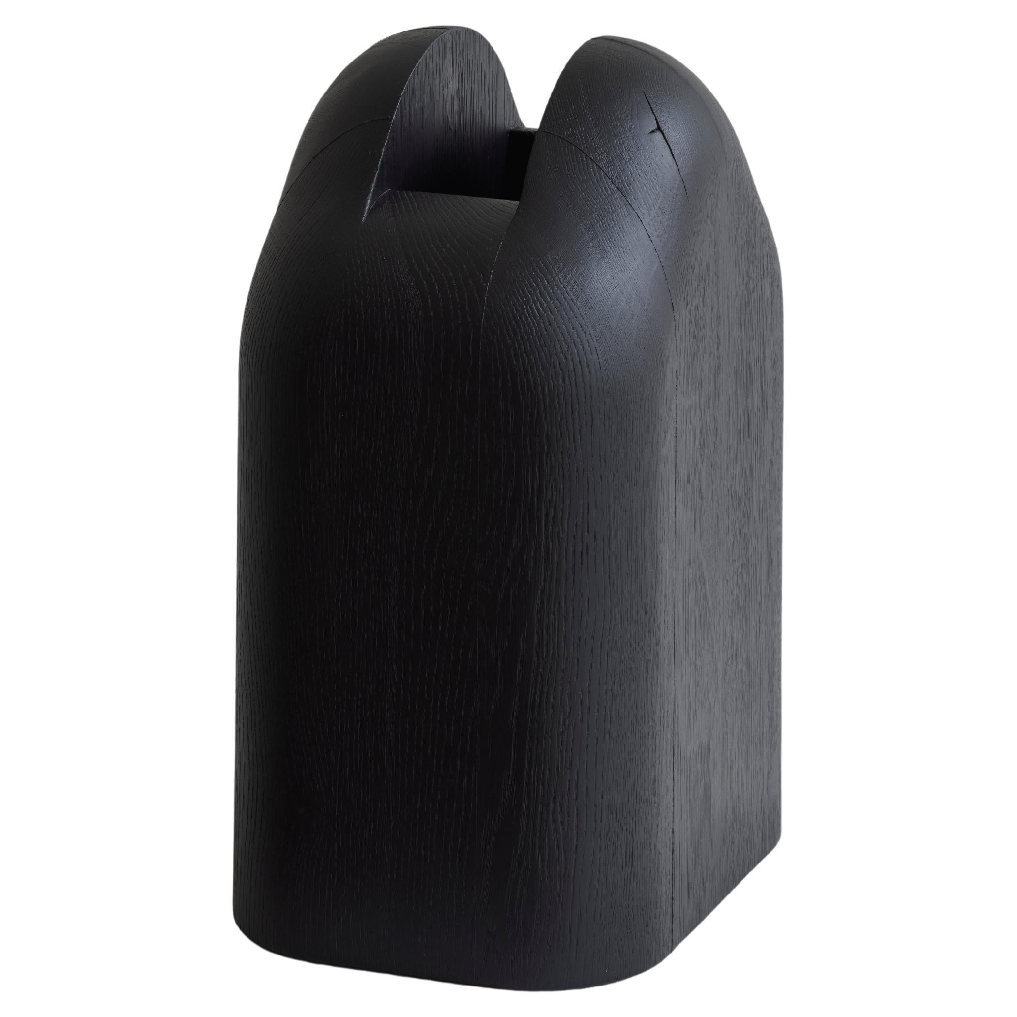 Burned and Black Stained Solid Oak Lahmu Vase by Sizar Alexis For Sale