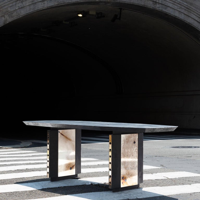 Contemporary burnt oak wood and stained silver Planar dining table by Spinzi 8