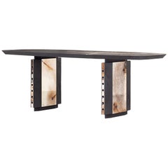 Contemporary burnt oak wood and stained silver Planar dining table by Spinzi