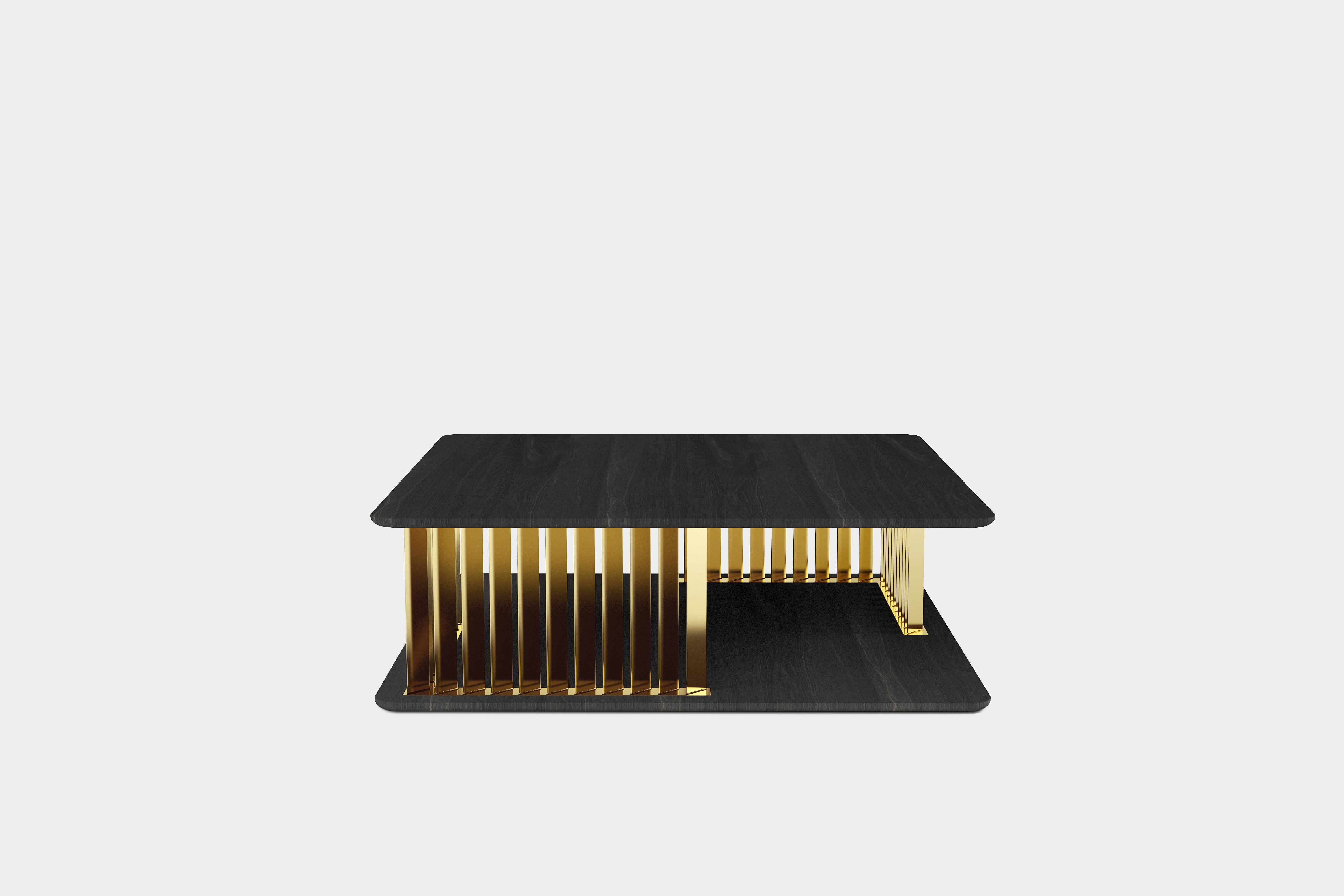 Plateau Square Coffee Table in Black Wood and Brass Structure by NONO

Inspired by the majesty of mountain systems throughout the Americas, Plateau makes reference to the small surfaces that emerge from a vast piece of land peculiar for its