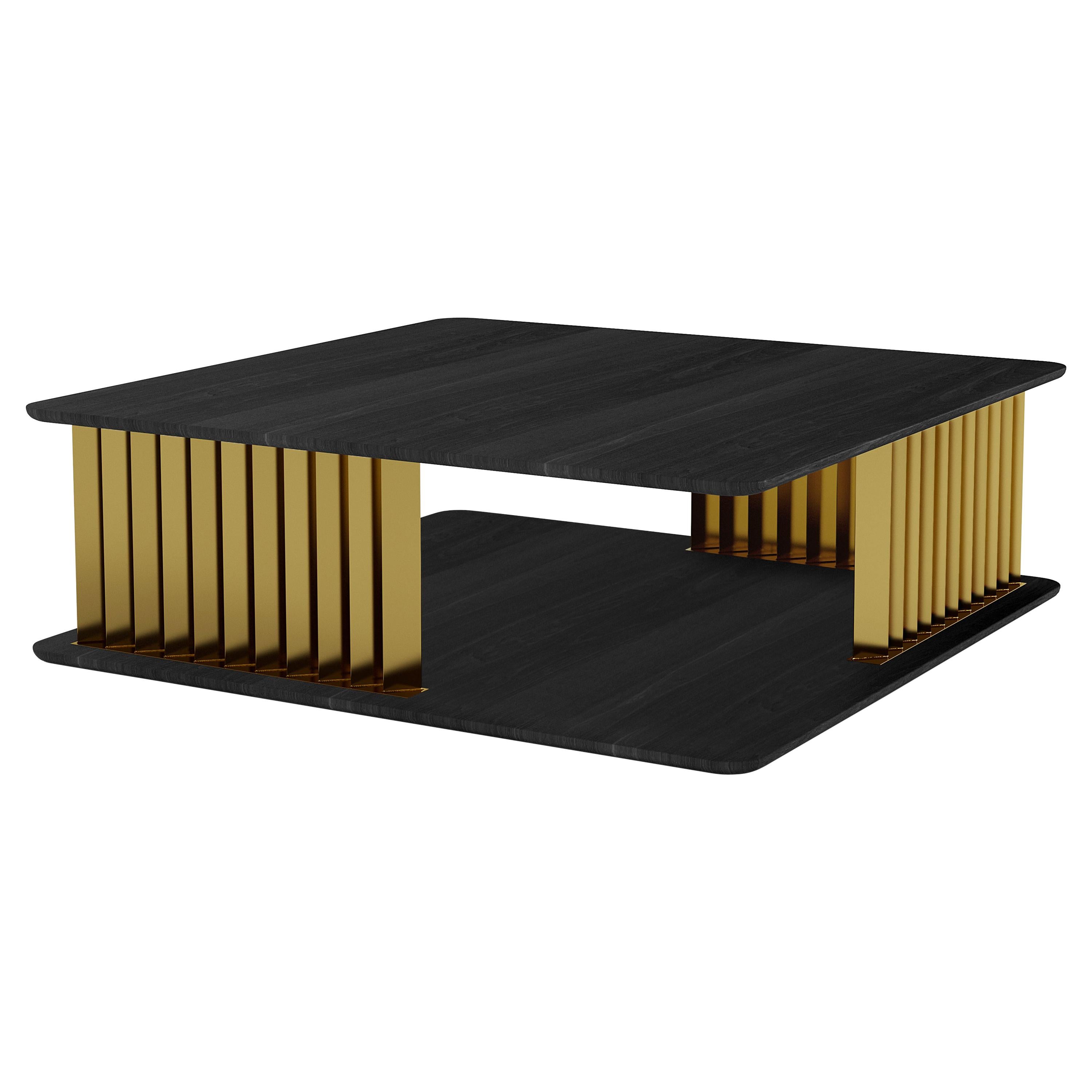 Plateau Square Coffee Table in Black Wood and Brass Structure by NONO