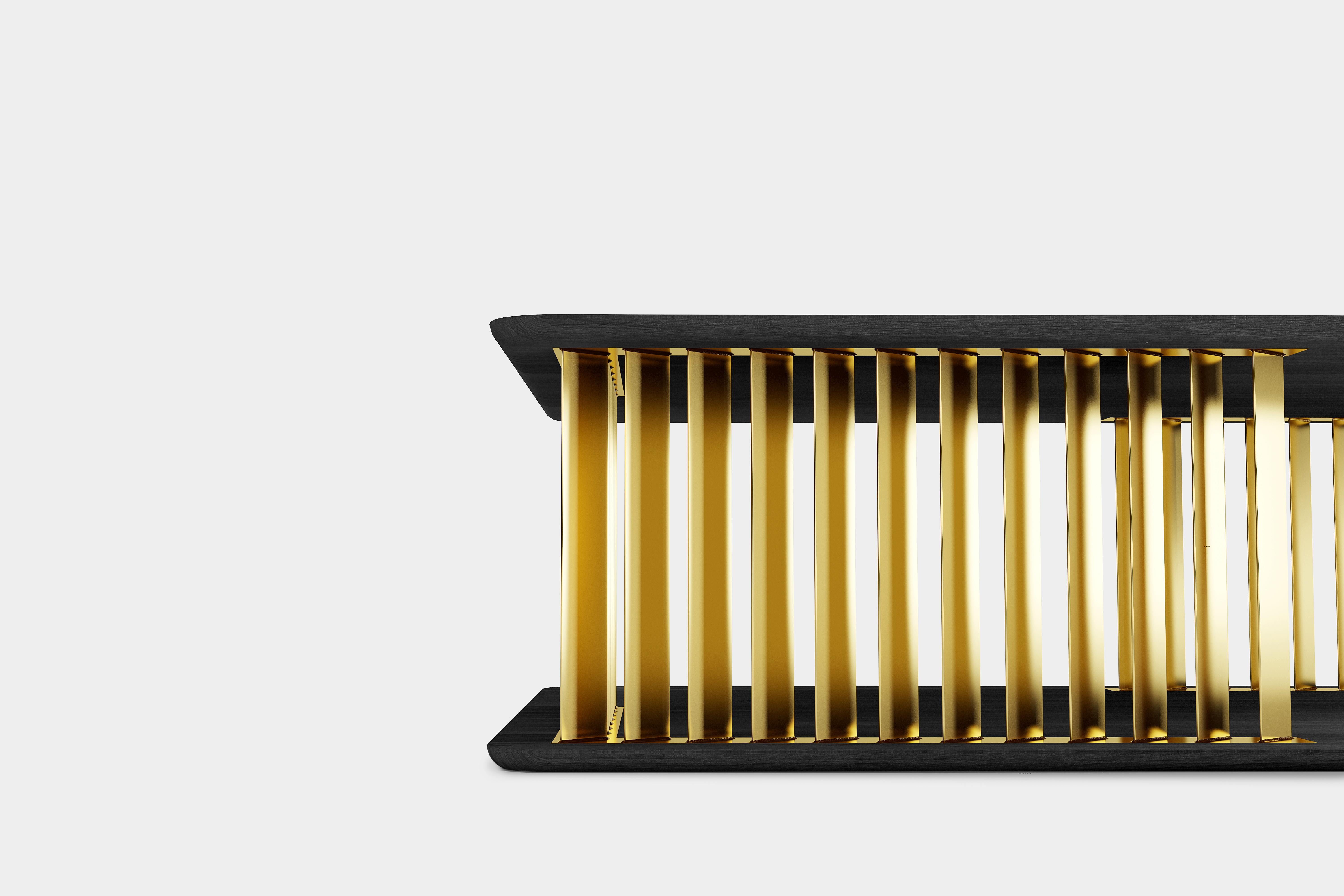 Plateau Rectangular Coffee Table in Black Wood and Brass Structure by NONO

Inspired by the majesty of mountain systems throughout the Americas, Plateau makes reference to the small surfaces that emerge from a vast piece of land peculiar for its