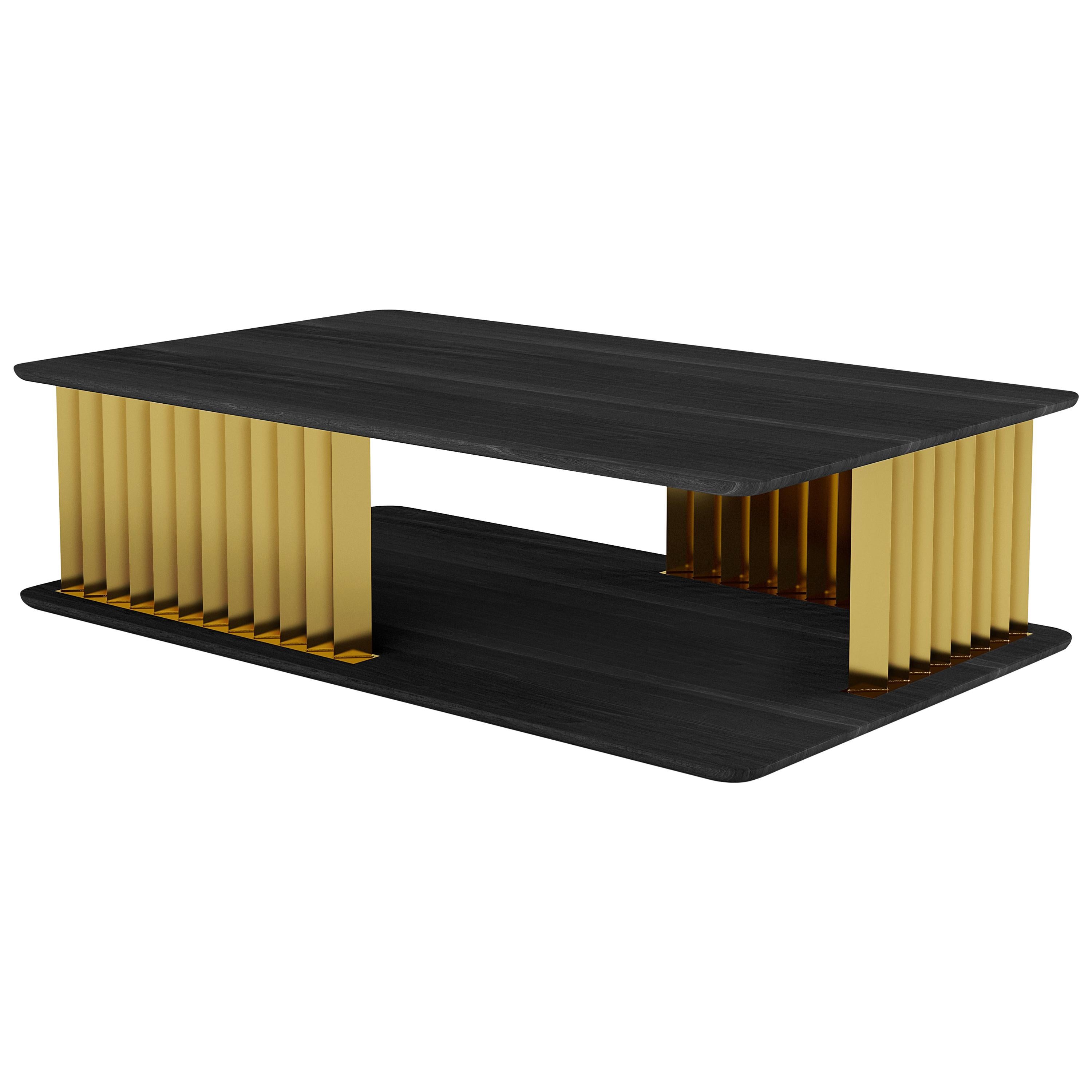Plateau Rectangular Coffee Table in Black Wood and Brass Structure by NONO For Sale