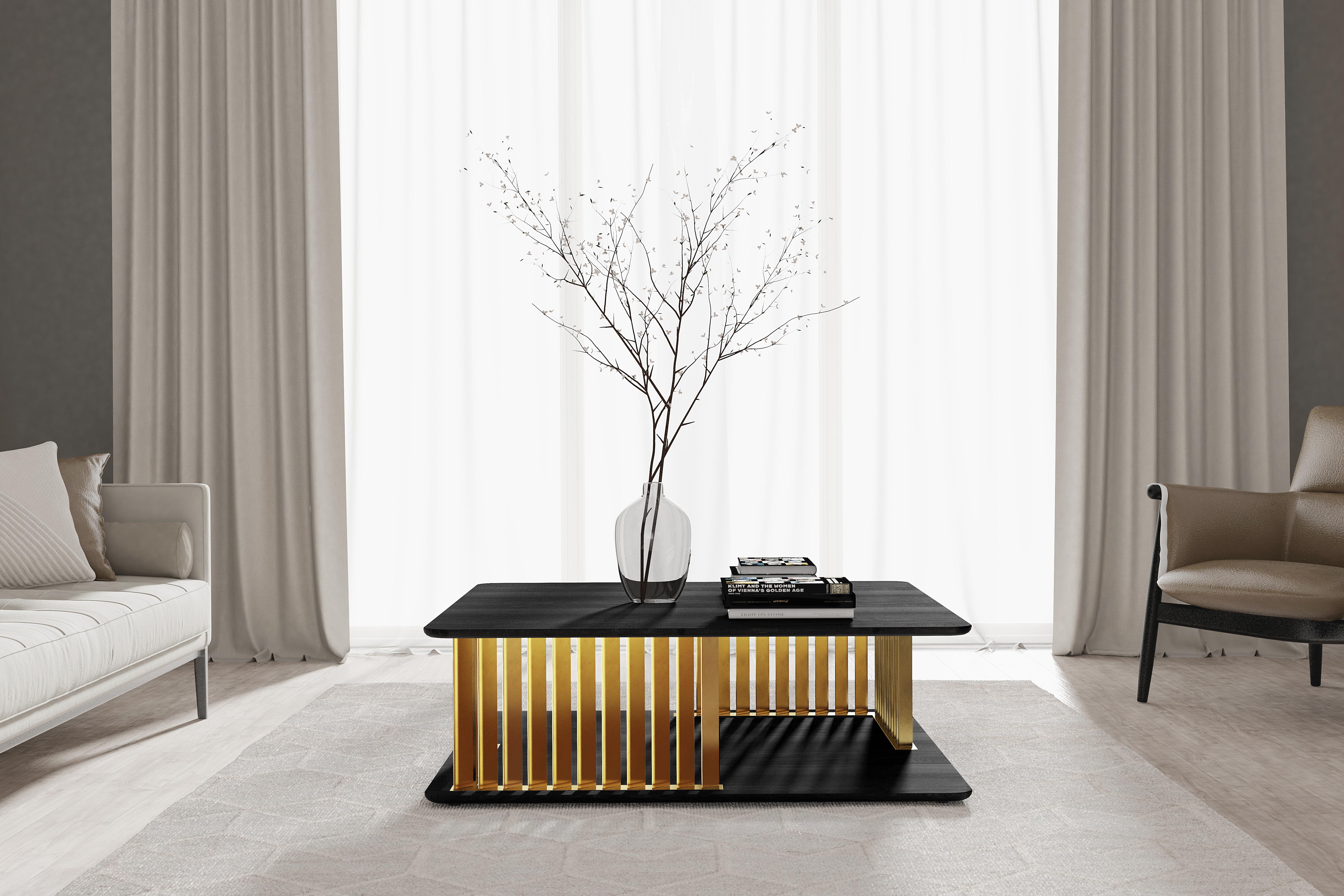 Contemporary Plateau Rectangular Coffee Table in Black Wood and Brass Structure by NONO For Sale