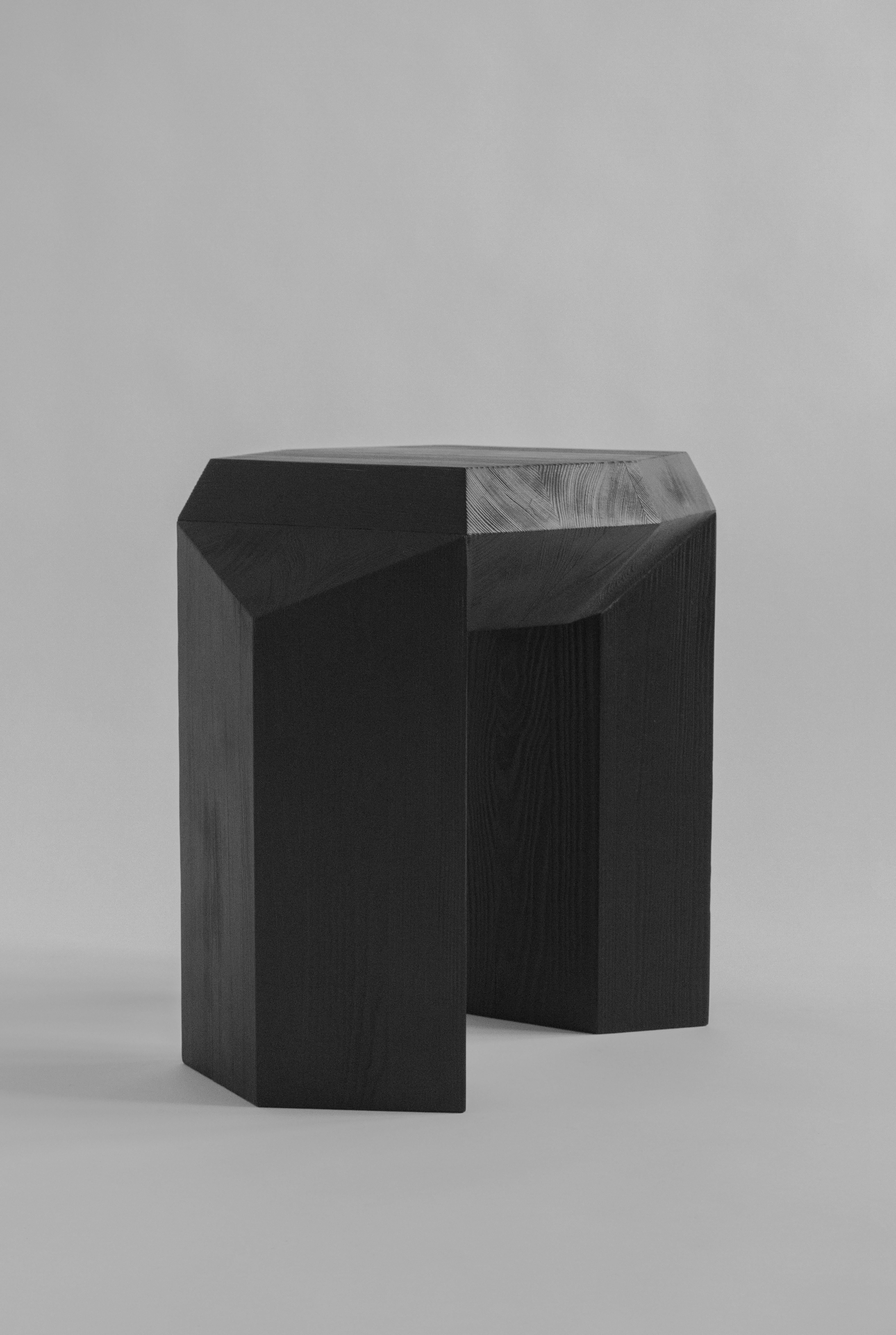 Burned Ode side table by Sizar Alexis
Signed and Numered
Edition of 12
Dimensions: Length 44 x width 35 x height 40 cm
Materials: Burned pine wood

The hexagon has more to it than we think, and some of the aspects of this shape are