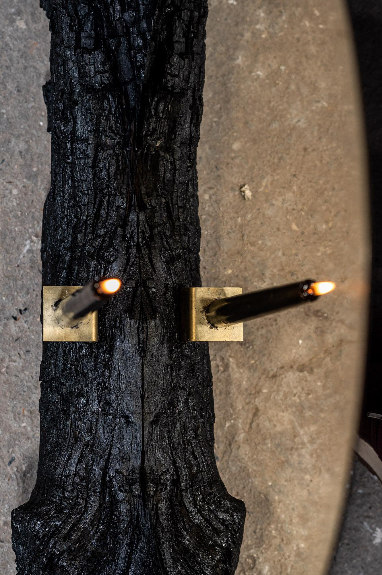 Polished Burned Wood and Brass Sculptural Candle Holder by Desia Ava For Sale