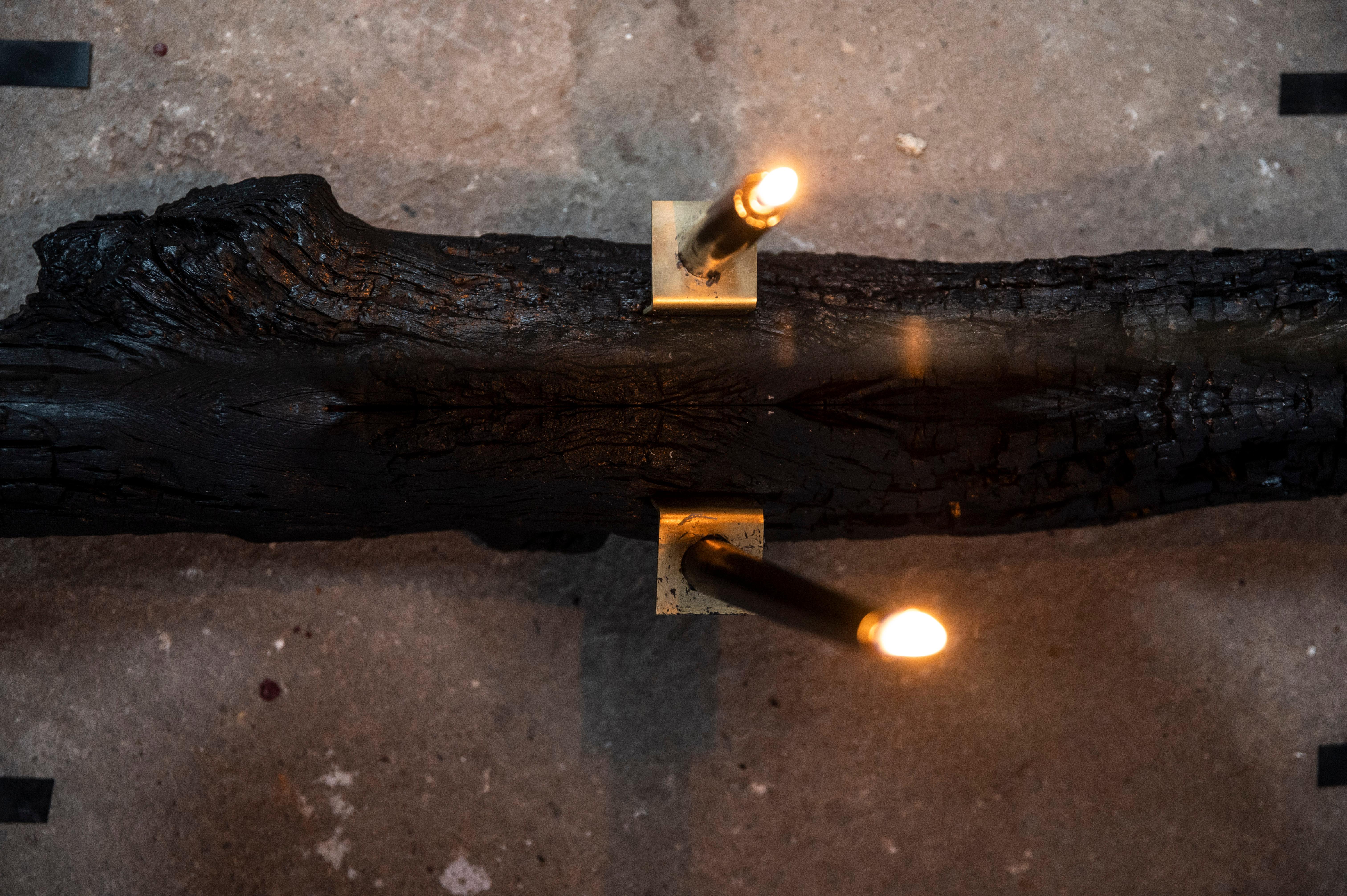 Contemporary Burned Wood and Brass Sculptural Candle Holder by Desia Ava For Sale