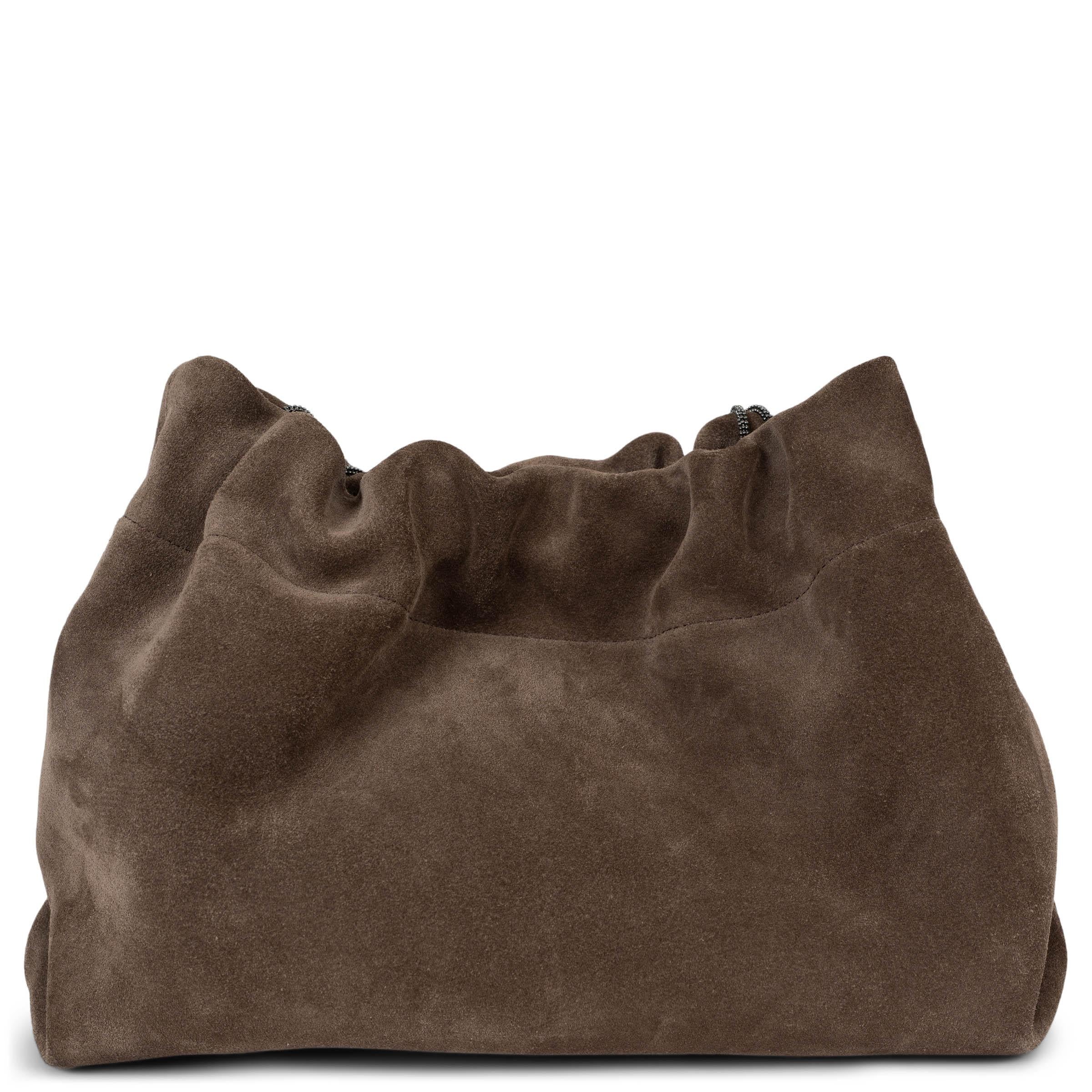 BRUNELLO CUCINELLI dunkeltaupefarbenes Wildleder SOFTY MONILI Umhängetasche (Schwarz) im Angebot