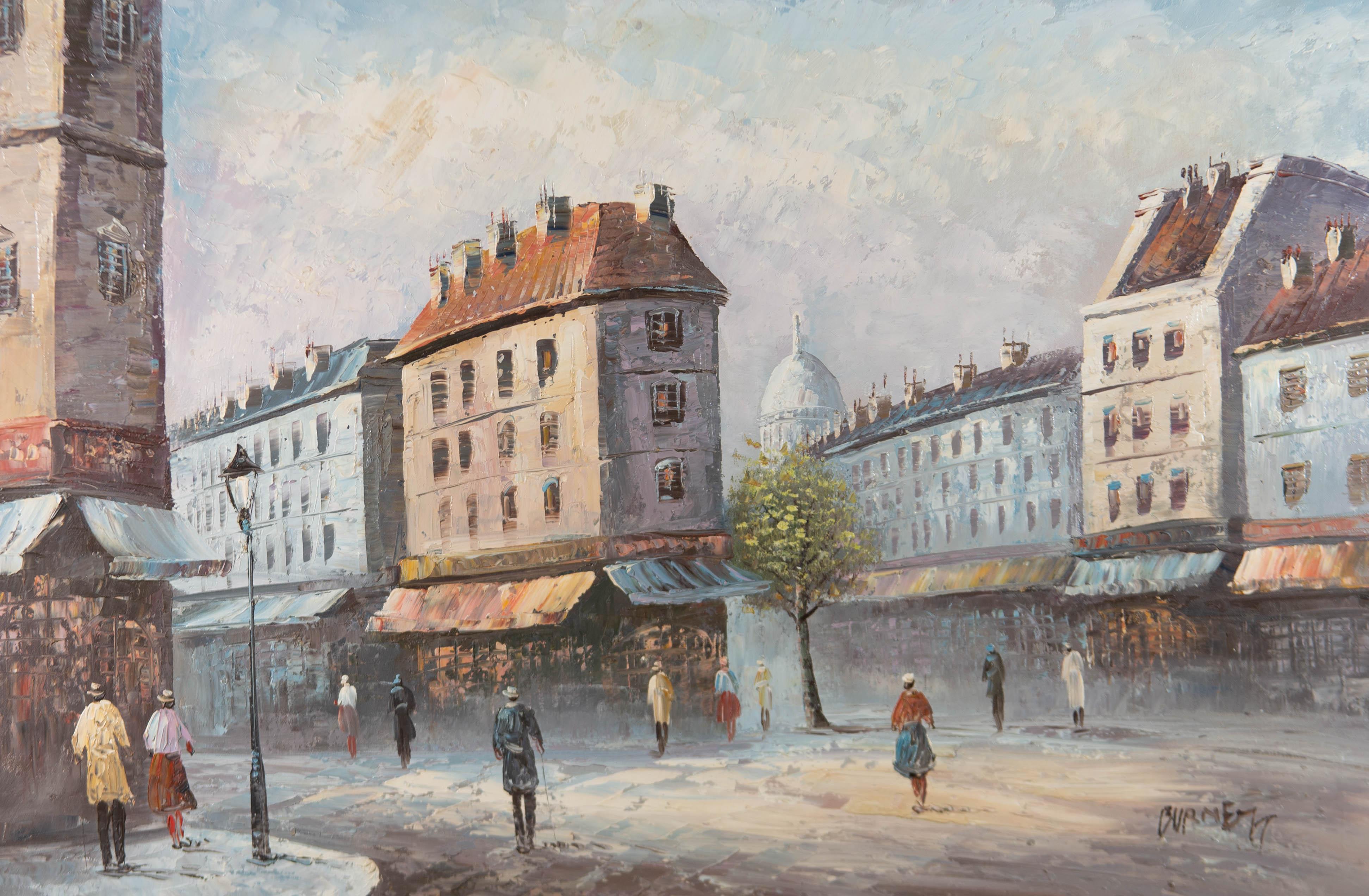 A wintery palette is used to depict a superb impressionistic street scene. The artwork is finished to beautiful effect in an impressionistic manner and is signed in the bottom right-hand corner.

A label found on the reverse of the stretcher