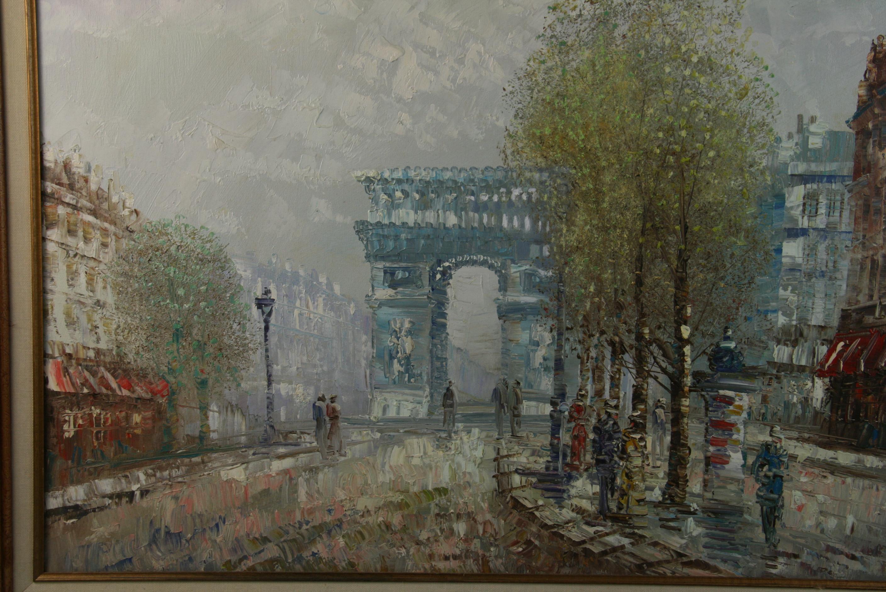 Impressionist Oversized  Paris Street Scene oil Painting  - Gray Landscape Painting by Burnett