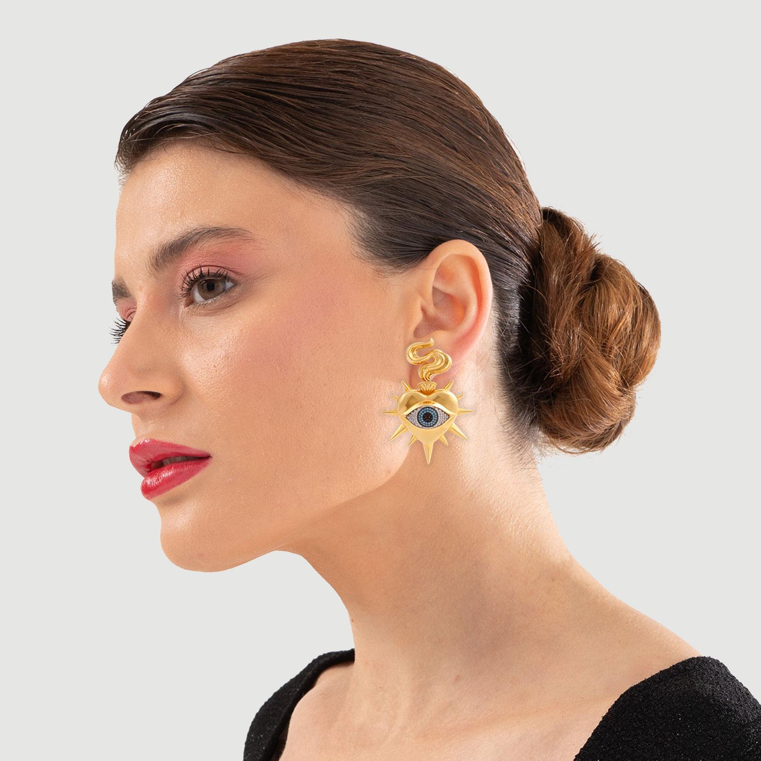 Brilliant Cut Naimah Burning Heart Statement Clip on Earrings For Sale