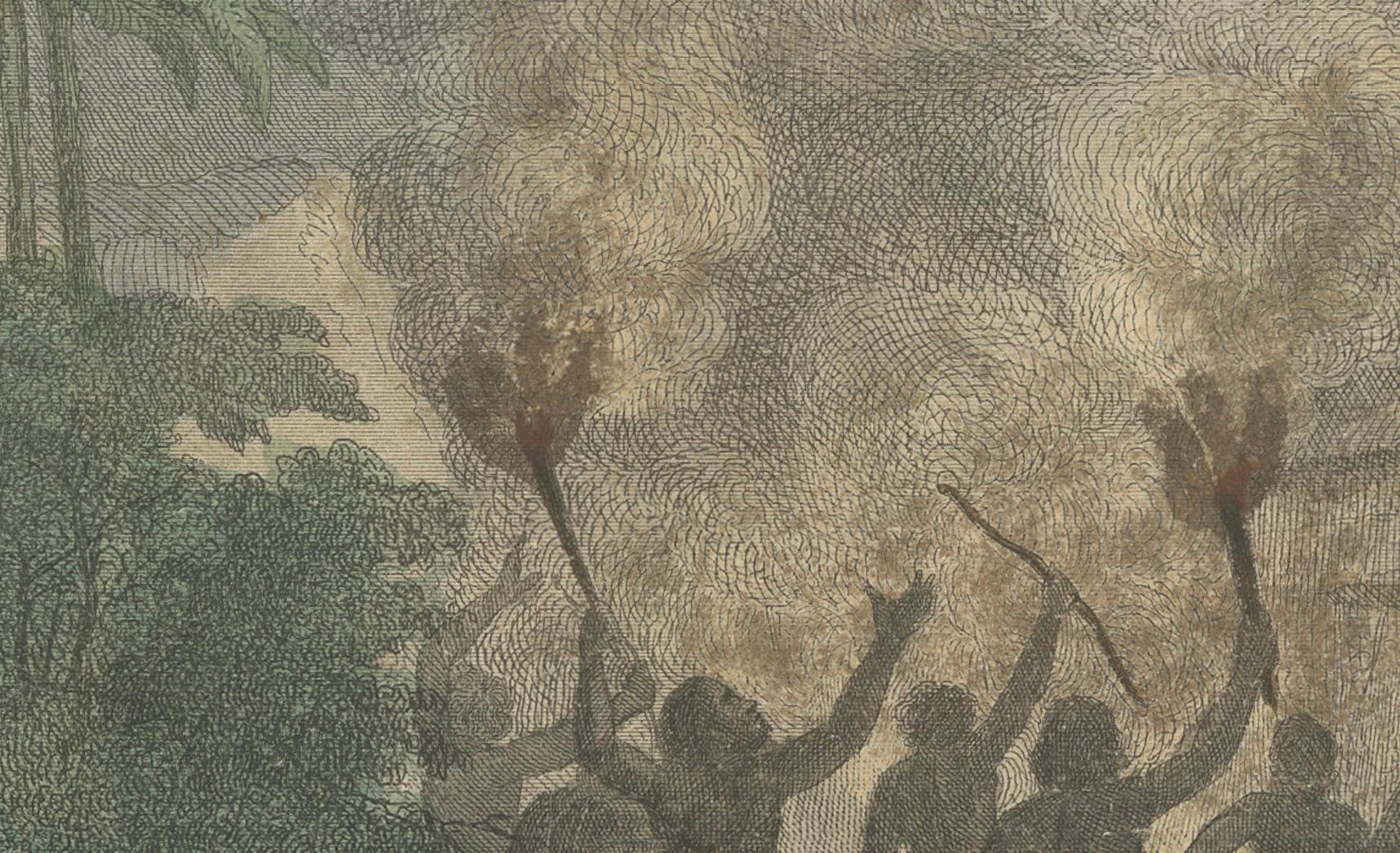 Burning of a Village in Chahary, Madagascar: Hand-Colored 19th Century Engraving In Good Condition For Sale In Langweer, NL